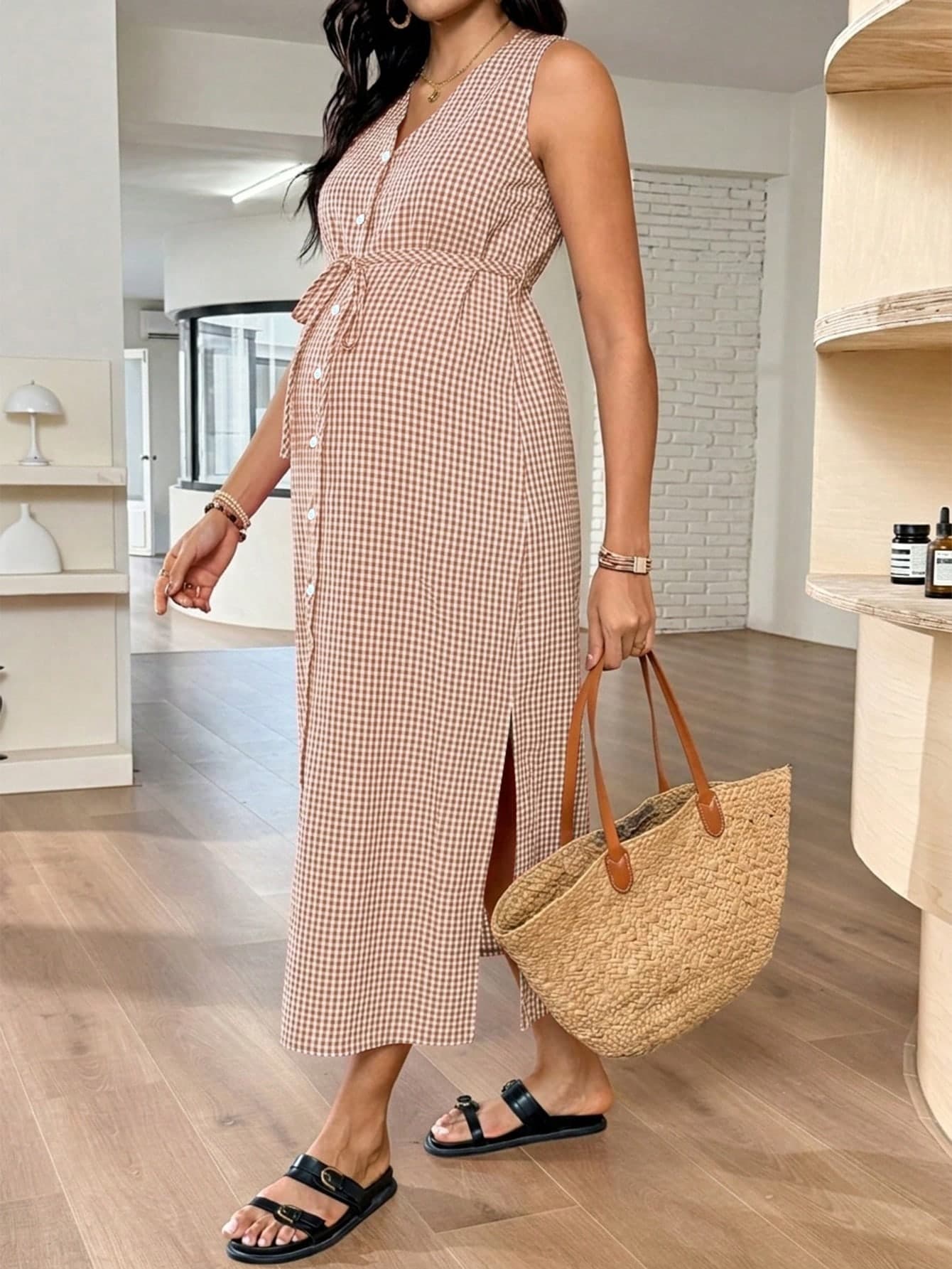 SHEIN Maternity Plaid Minimalist Casual Sleeveless Dress
