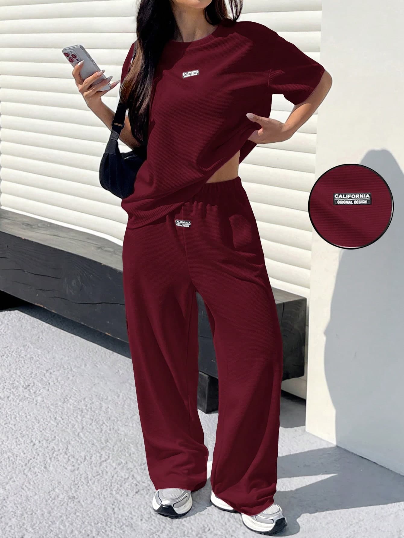 SHEIN EZwear Rose Red Textured Casual Loose T-Shirt And Pants Set For Women