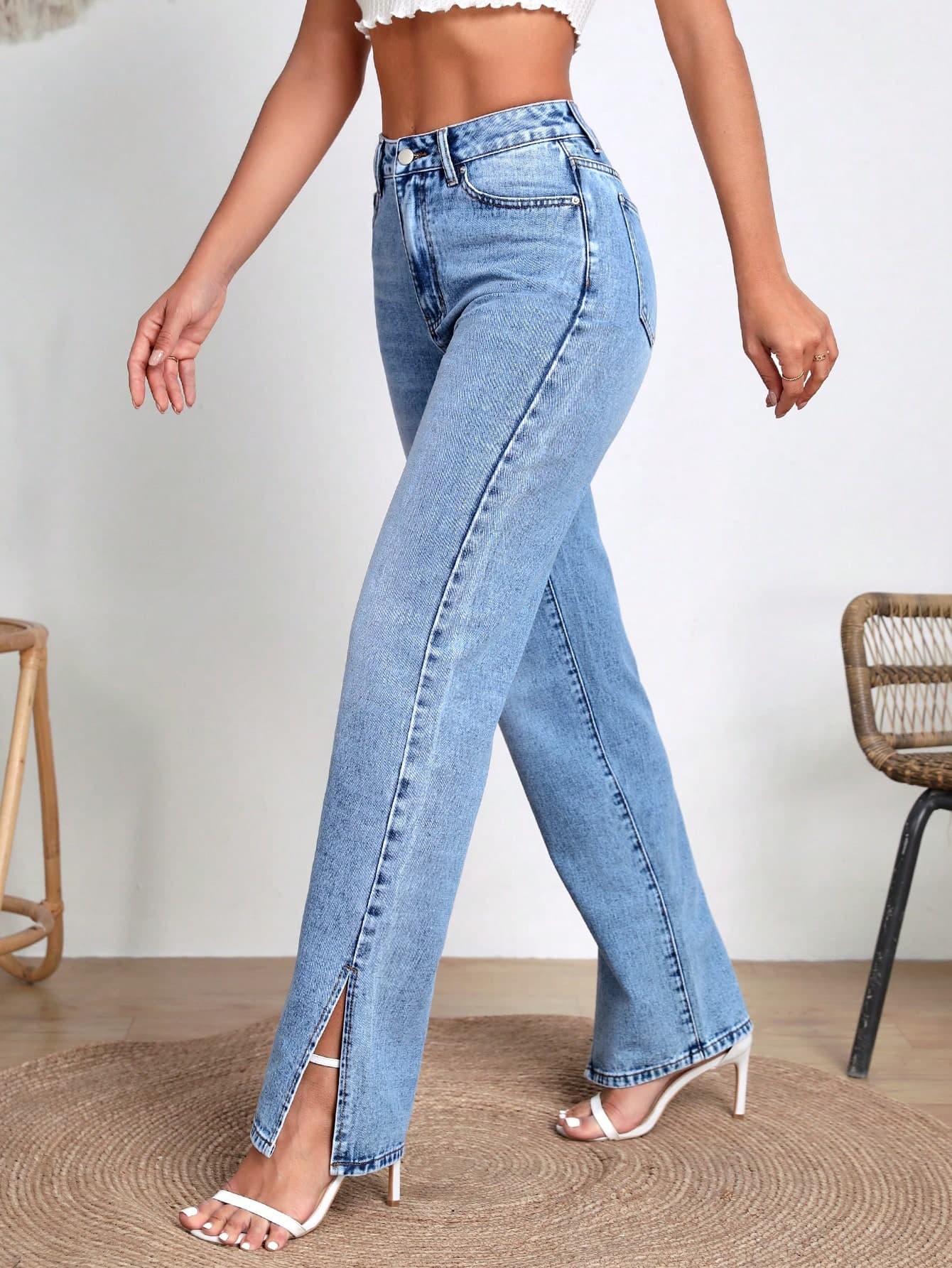 SHEIN Tall Women's High Waist Pockets Straight Leg Casual Versatile Jeans, Tall Women