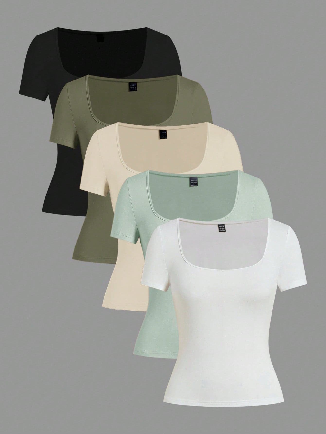 SHEIN EZwear Women's Multi-Pack Knit Scoop Neck Fitted Short Sleeve T-Shirt,Green And White Summer Basic Plain Tee Shirts For Casual Occasion,Multipack Tops