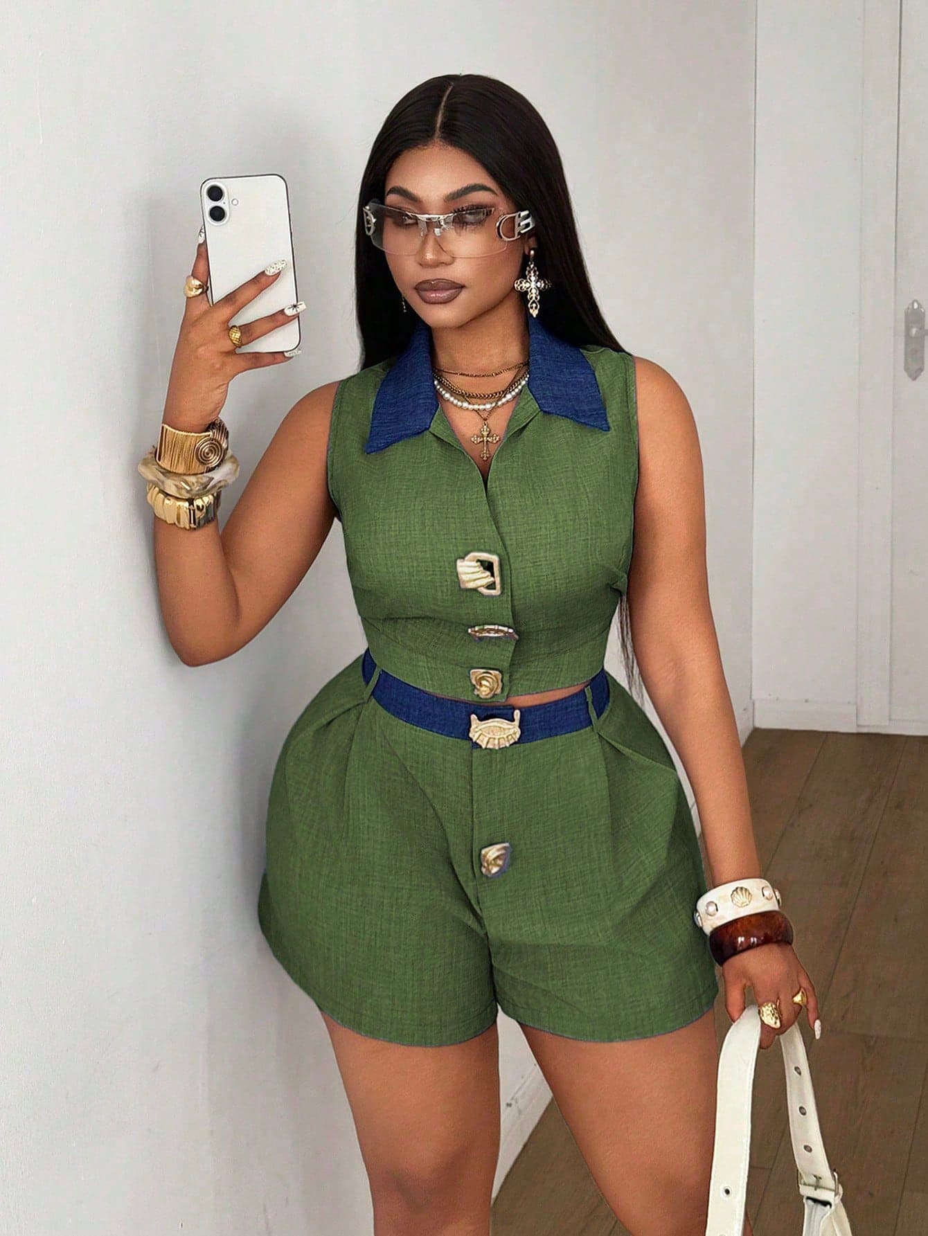 Maweii Plus Size Women Metal Decor Sleeveless Shirt And Shorts 2 Pieces Set