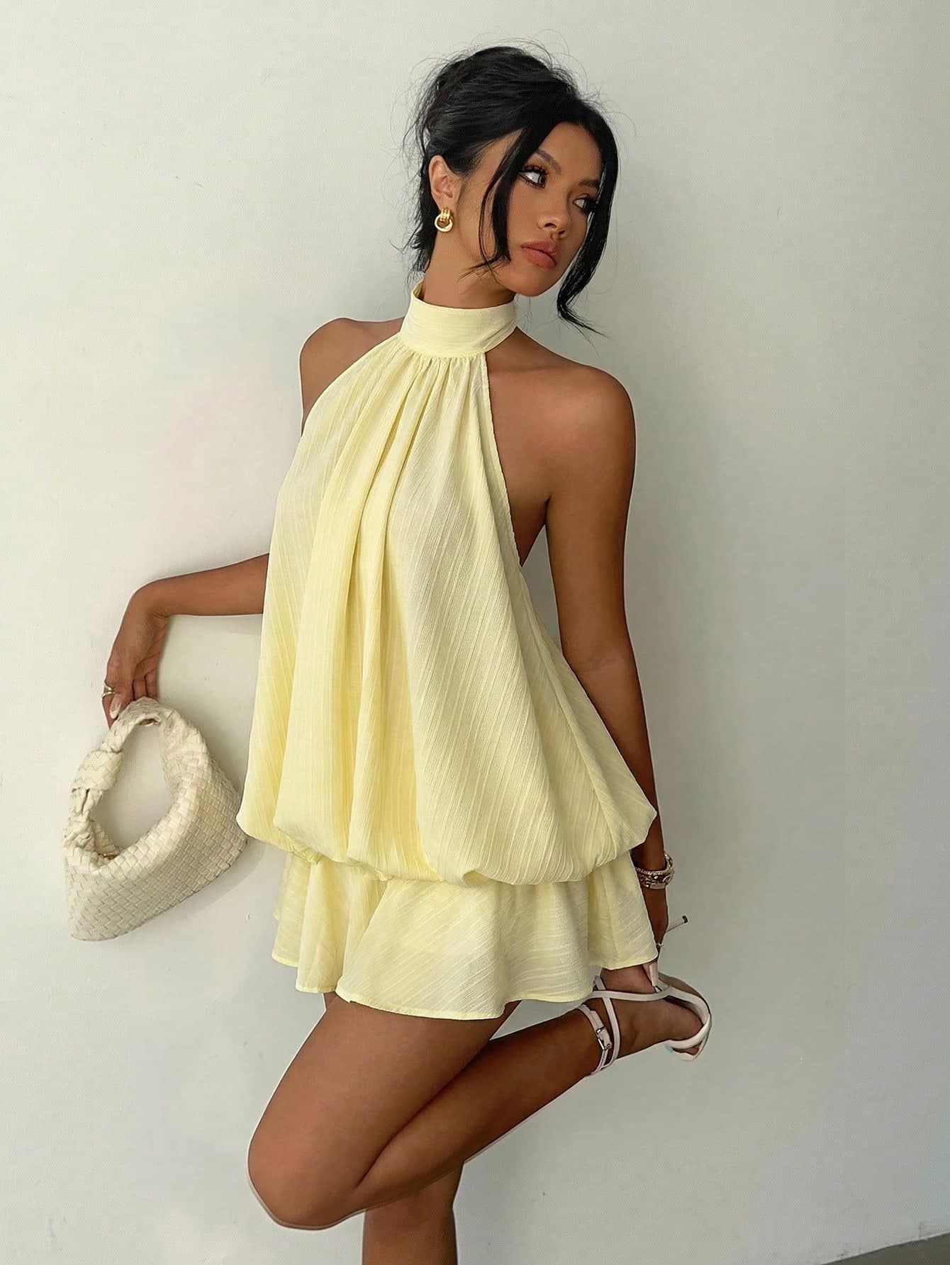 Aloruh Women's Elegant Light Yellow Halter Neck Tie Mini Dress,Summer Dresses For Women,Wedding Guest