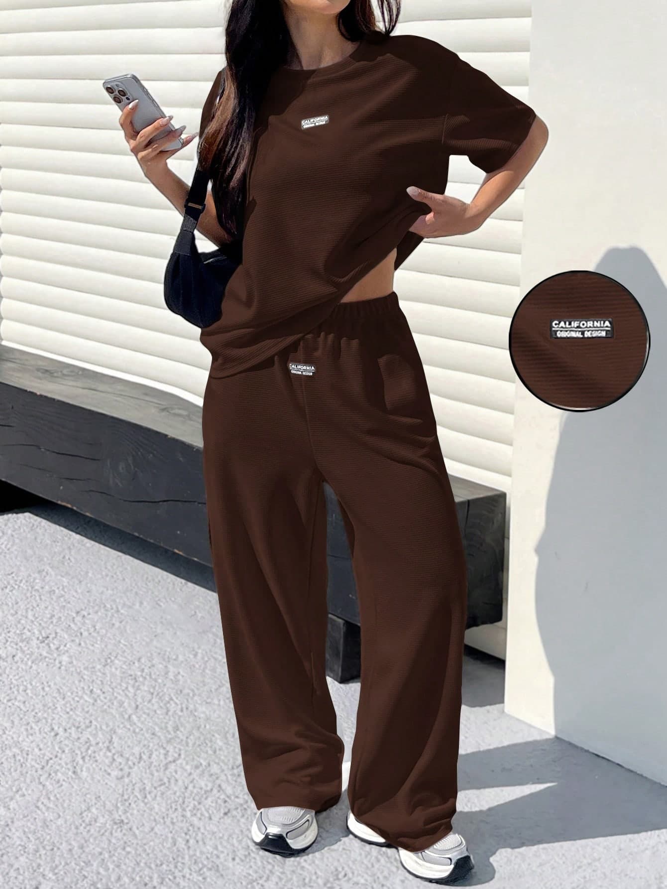 SHEIN EZwear Chocolate Brown Textured Casual Loose Letter Print T-Shirt And Pants Women's Set