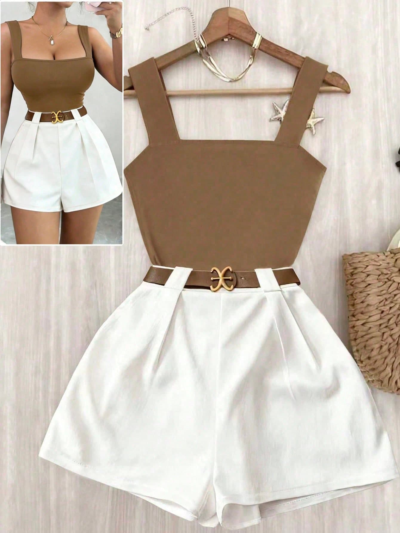 Elenzga French Chic White And Brown 2 Pieces Outfit,Women's Summer Casual Vacation Holiday Square Neck Camisole Slim Tank Top & Elastic Wide Leg Shorts Set