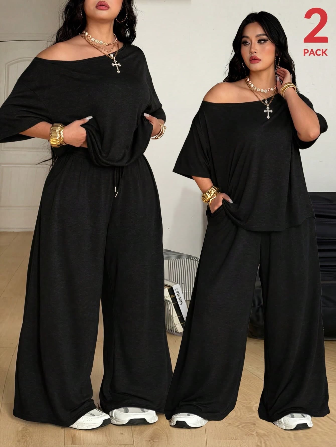 Coolane Women's Plus Size Summer Minimalist Casual Streetwear Basic Daily Wear Formal Going Out Vacation Comfortable Off Shoulder T-Shirt And Wide Leg Black