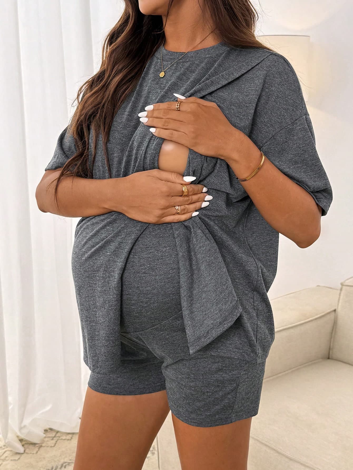 Slowluna Maternity Solid Color Round Neck Short Sleeve T-Shirt And Shorts 2-Piece Set,Grey Summer Casual Sleepwear Loungewear For Photoshoot Underwear Pajama