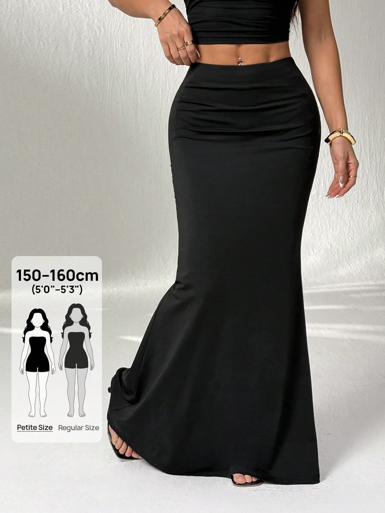 SHEIN PETITE Women's Simple Elegant Solid Color Fish Tail Hem Skirt ,Petite Women