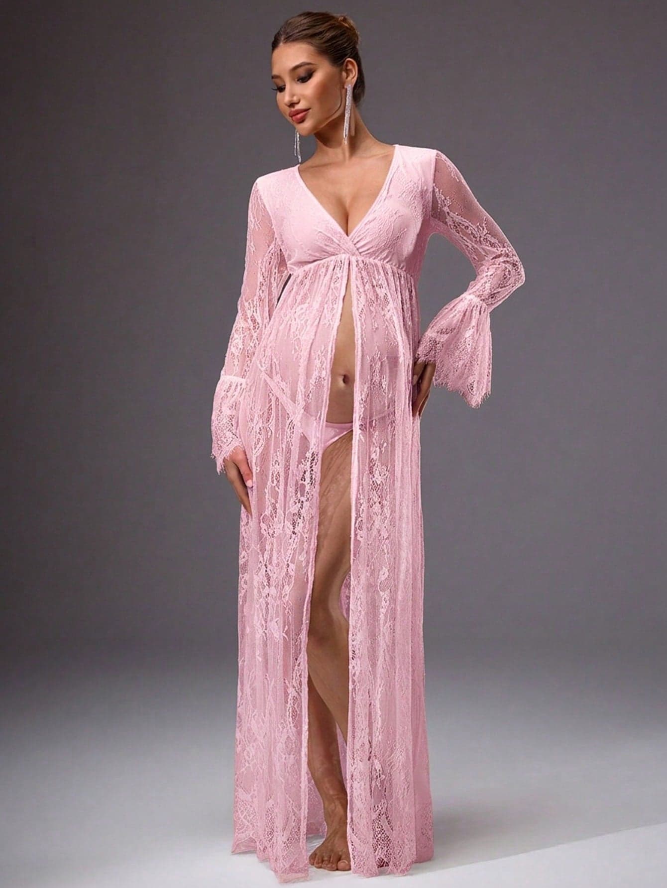 MaterniChic Pregnant Women's Solid Color Deep V-Neck Side Slit Long Sleeve Dress