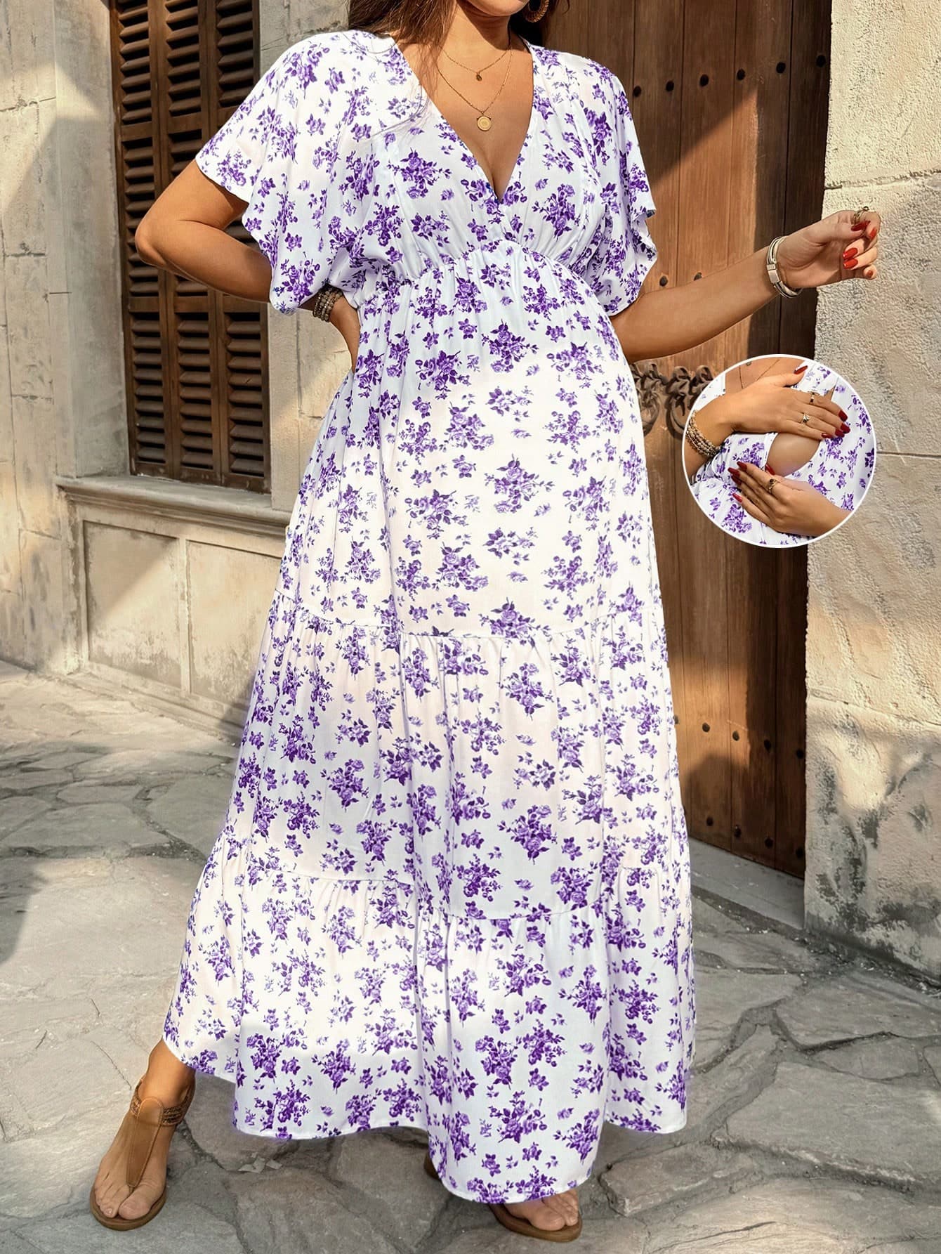 SHEIN Maternity V-Neck All-Over Print Dress With Nursing Function, Casual Daily & Holiday Wear