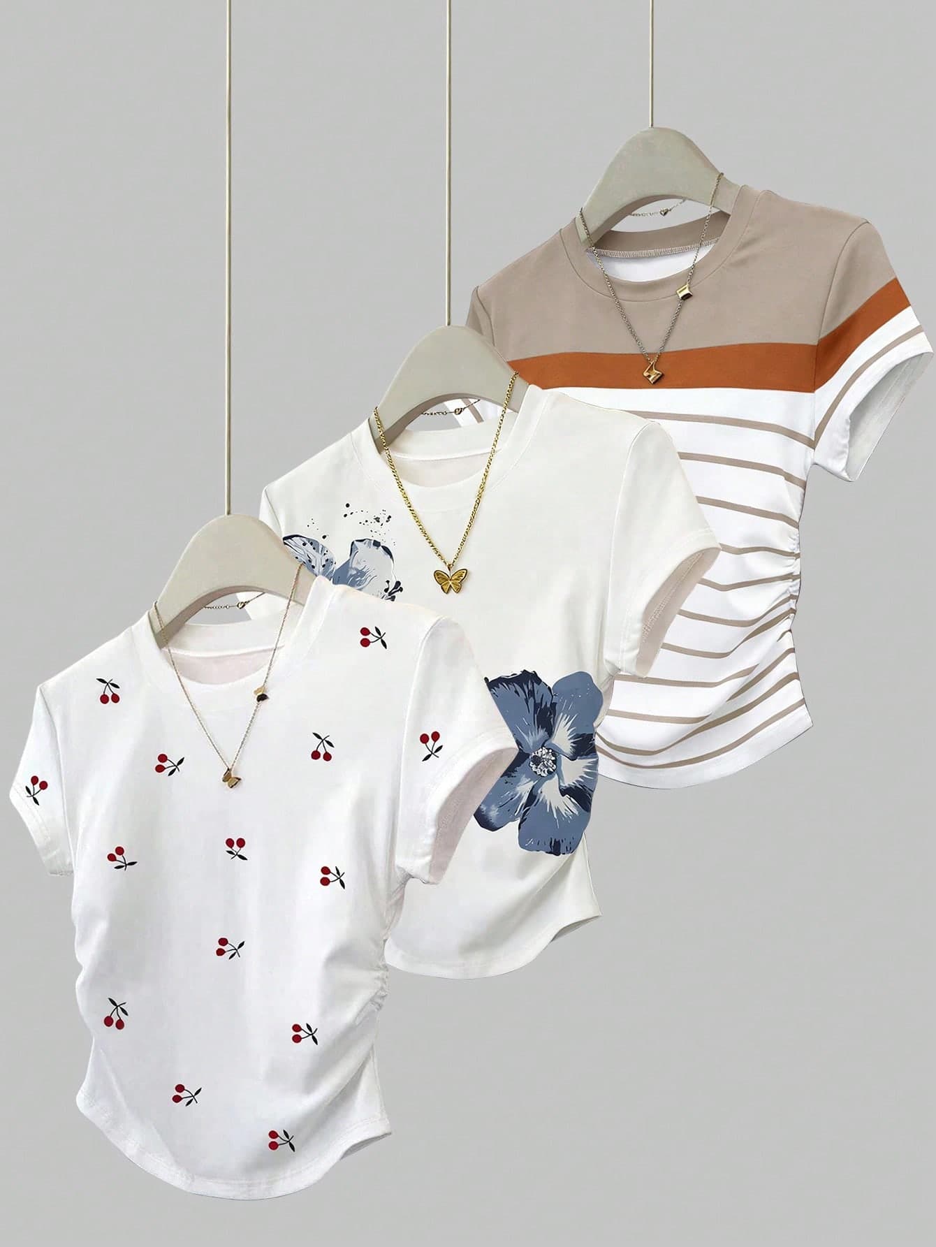 SHEIN 3pcs/Set Women's Summer New Fruit Cherry Graphic Floral & Striped Pattern T-Shirts