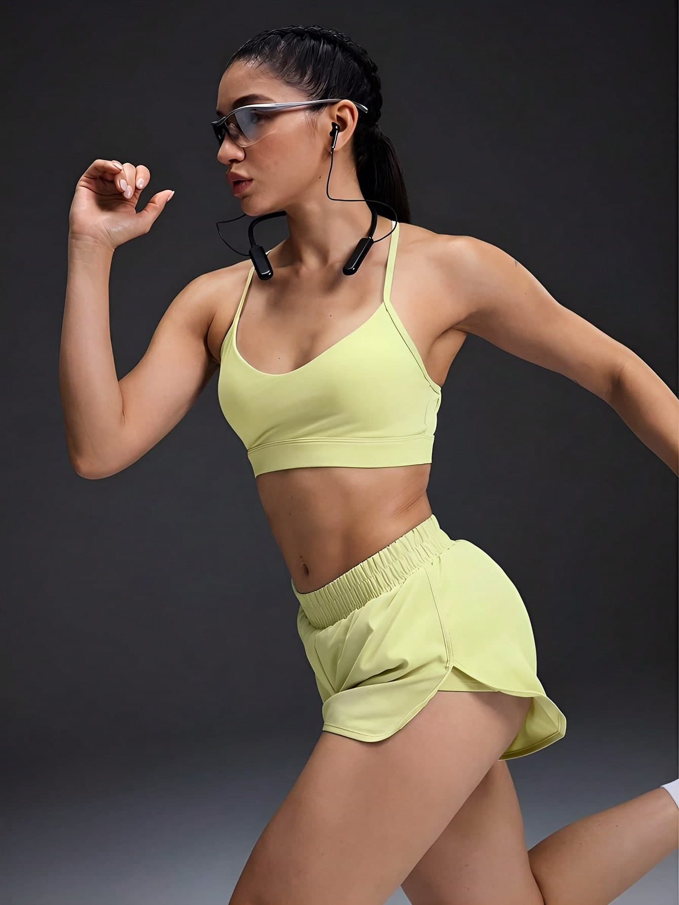 Powerista Women's Summer&Spring Gym Sportswear Yellow Solid Color Cropped Sports Bra And Running&Workout Shorts Sports Set