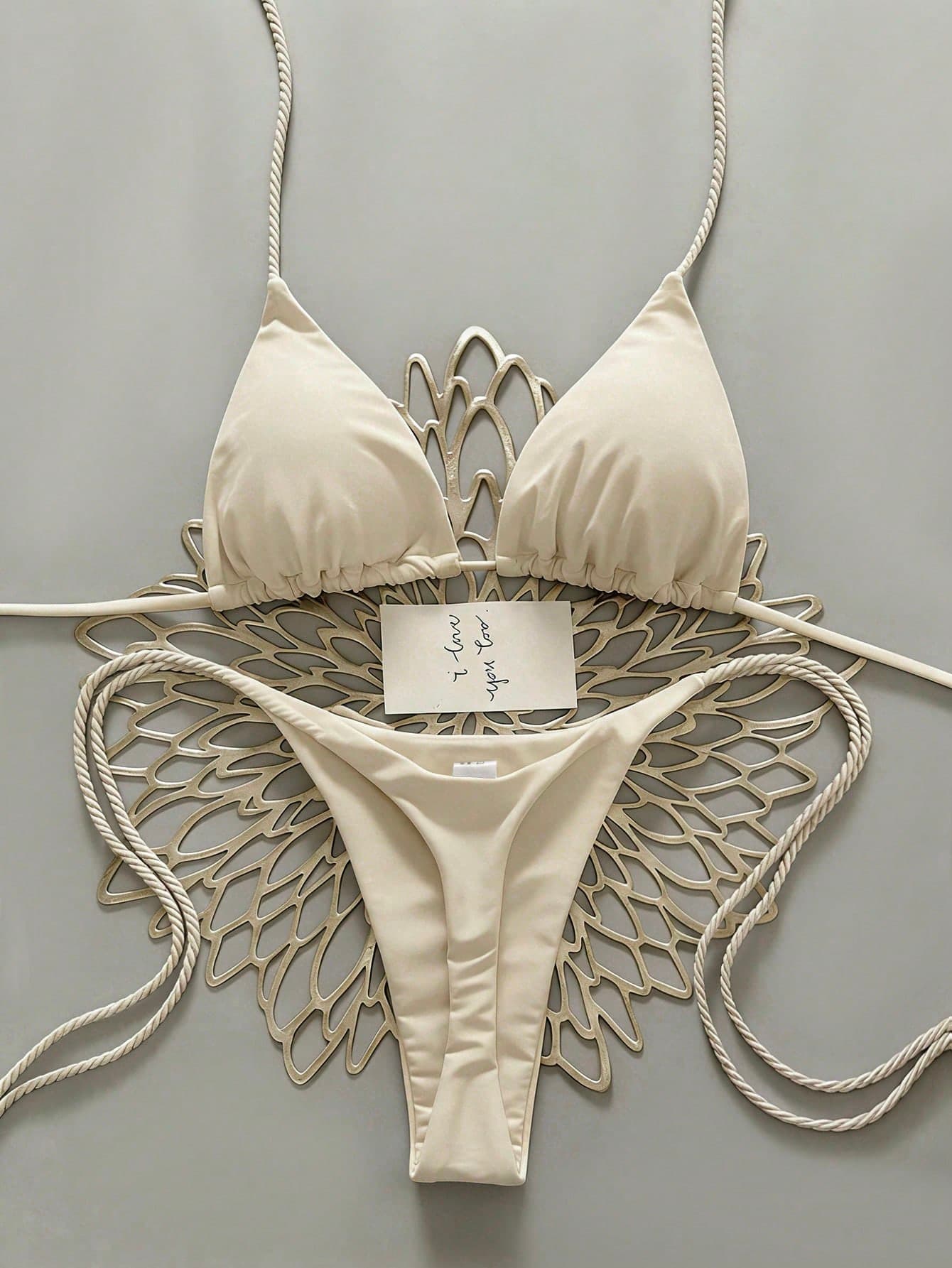 Swim Vcay 2pcs Women Apricot Bikini Swimwear Set, Handmade Rope Decor Swimwear Bikini Sets For Women Rouche Bathing Suit Bikini Alt