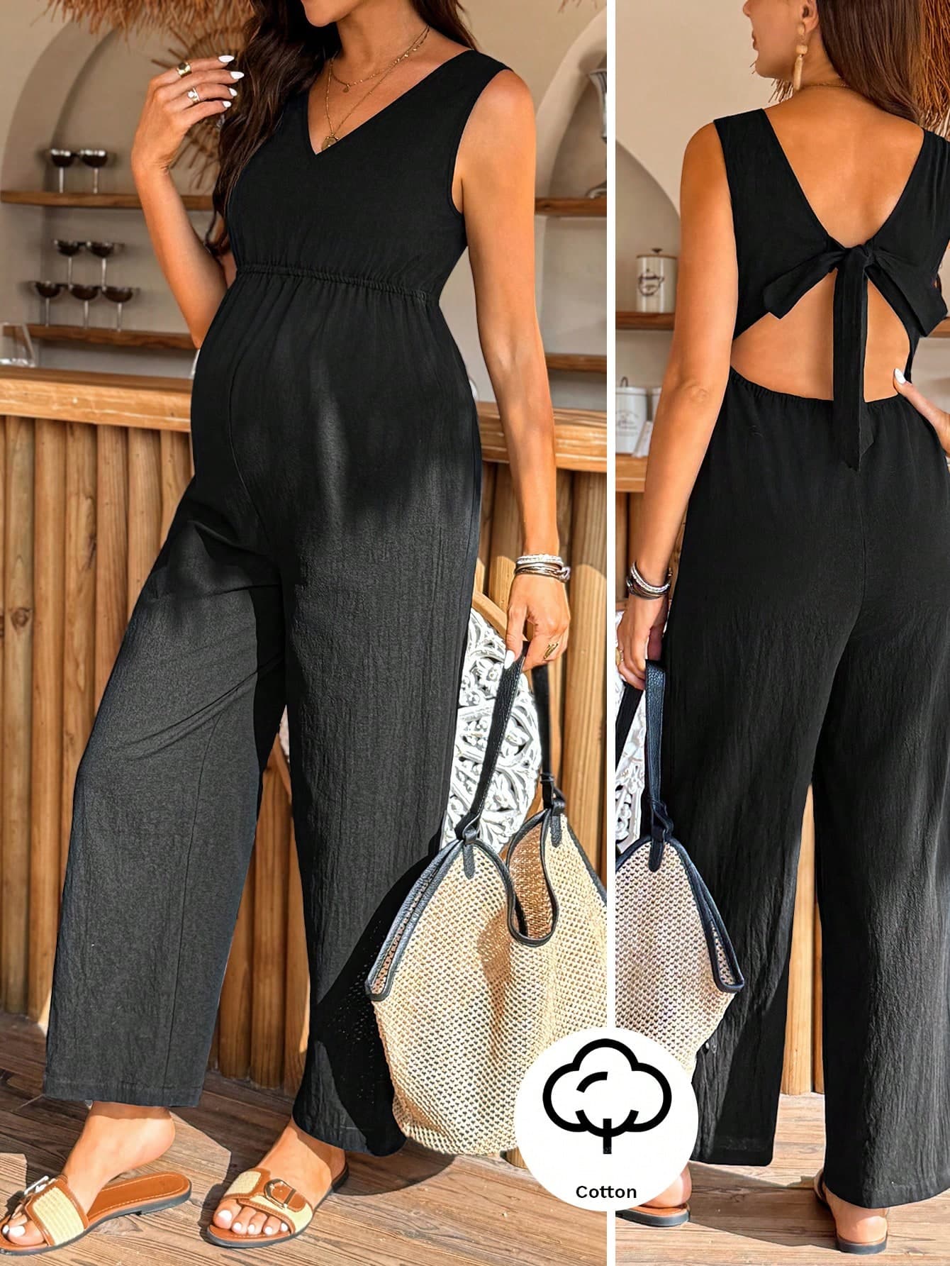 SHEIN Maternity Casual Solid V-Neck Sleeveless Wide Leg Jumpsuit