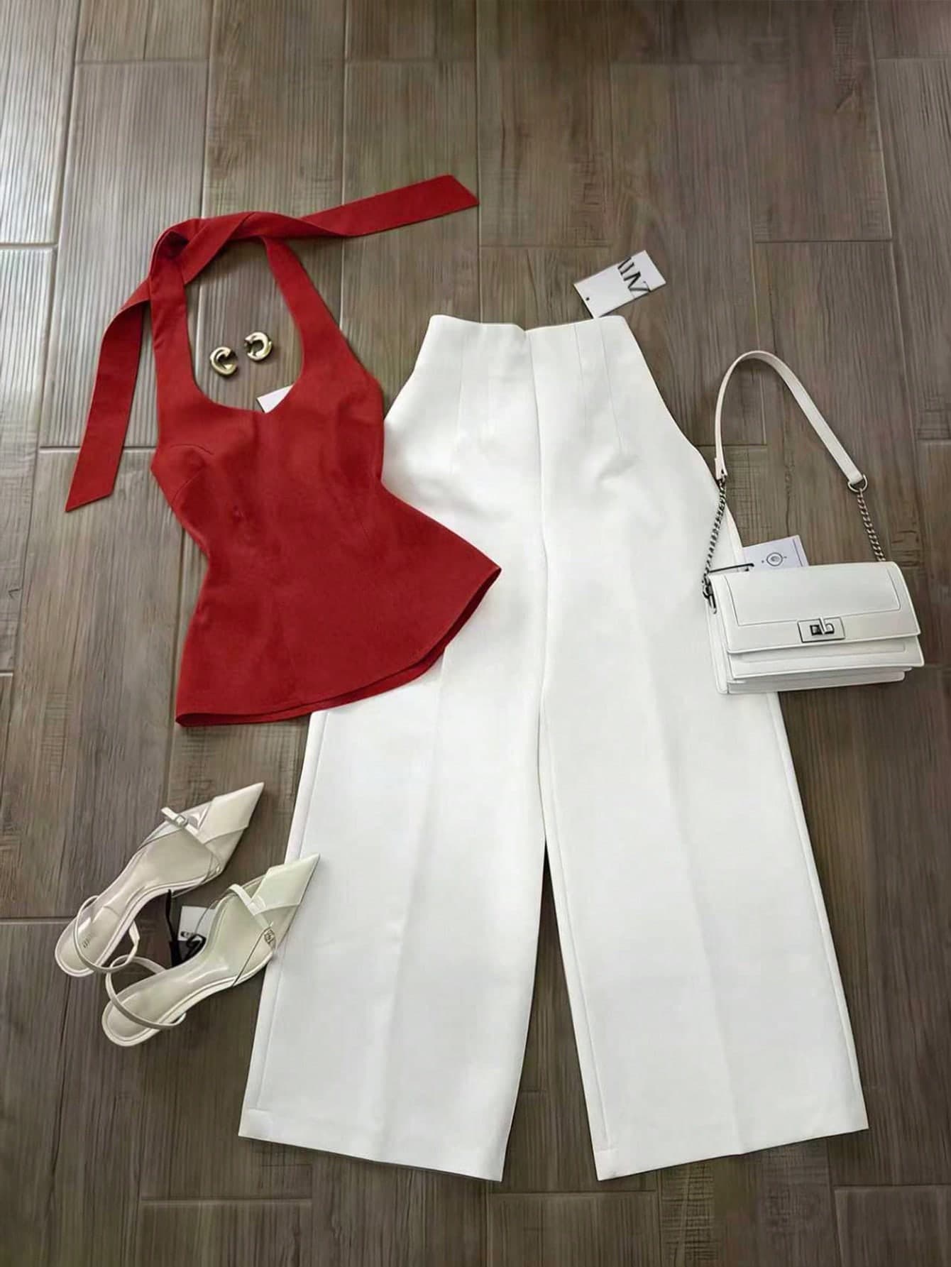 Franclia Women's Summer Casual Solid Color Halter Neck Ruffle Hem Top And Pants 2-Piece Set
