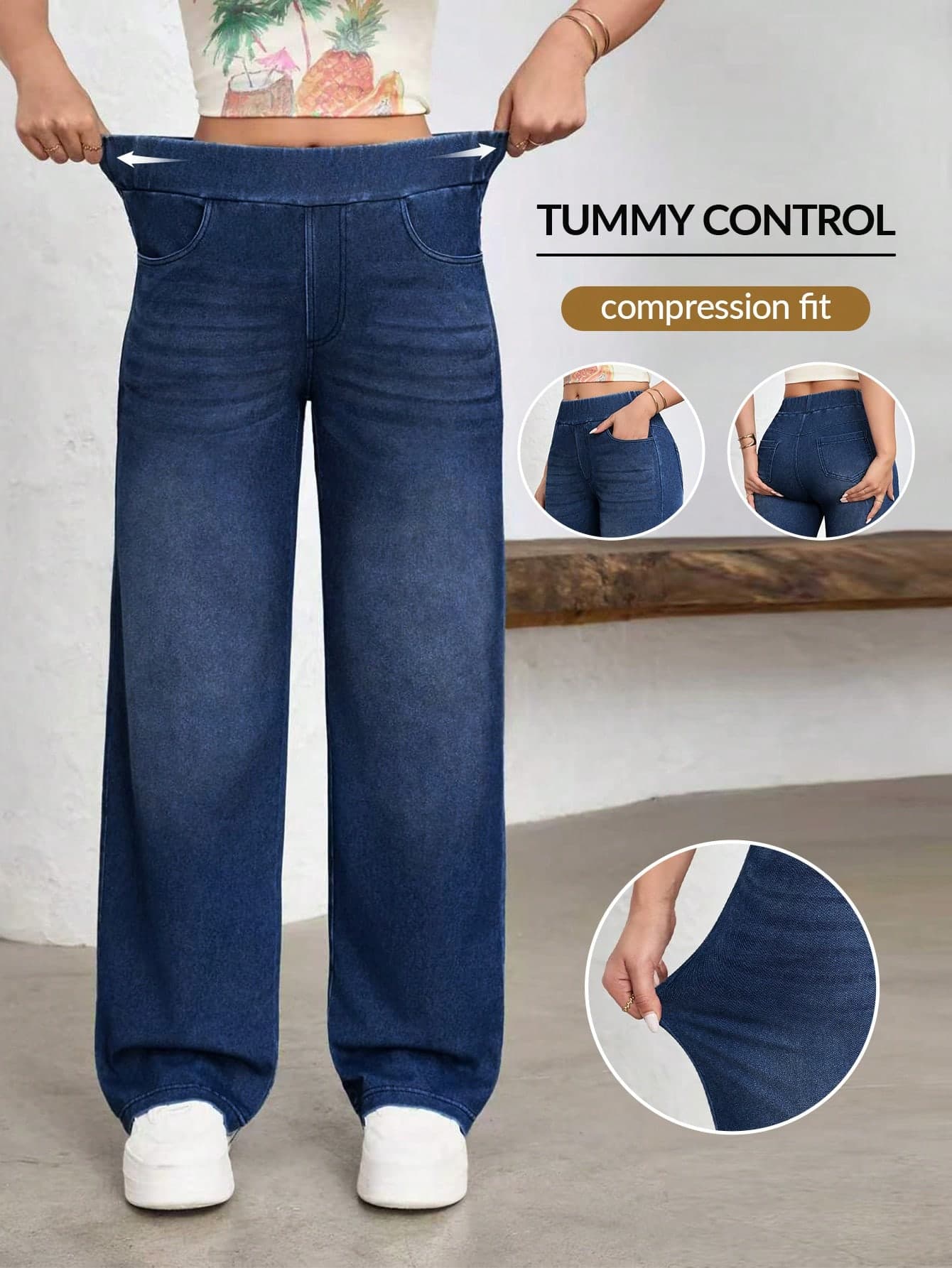 Flexra Women's Street Style Elastic Casual Sports Denim Wide Leg Pants