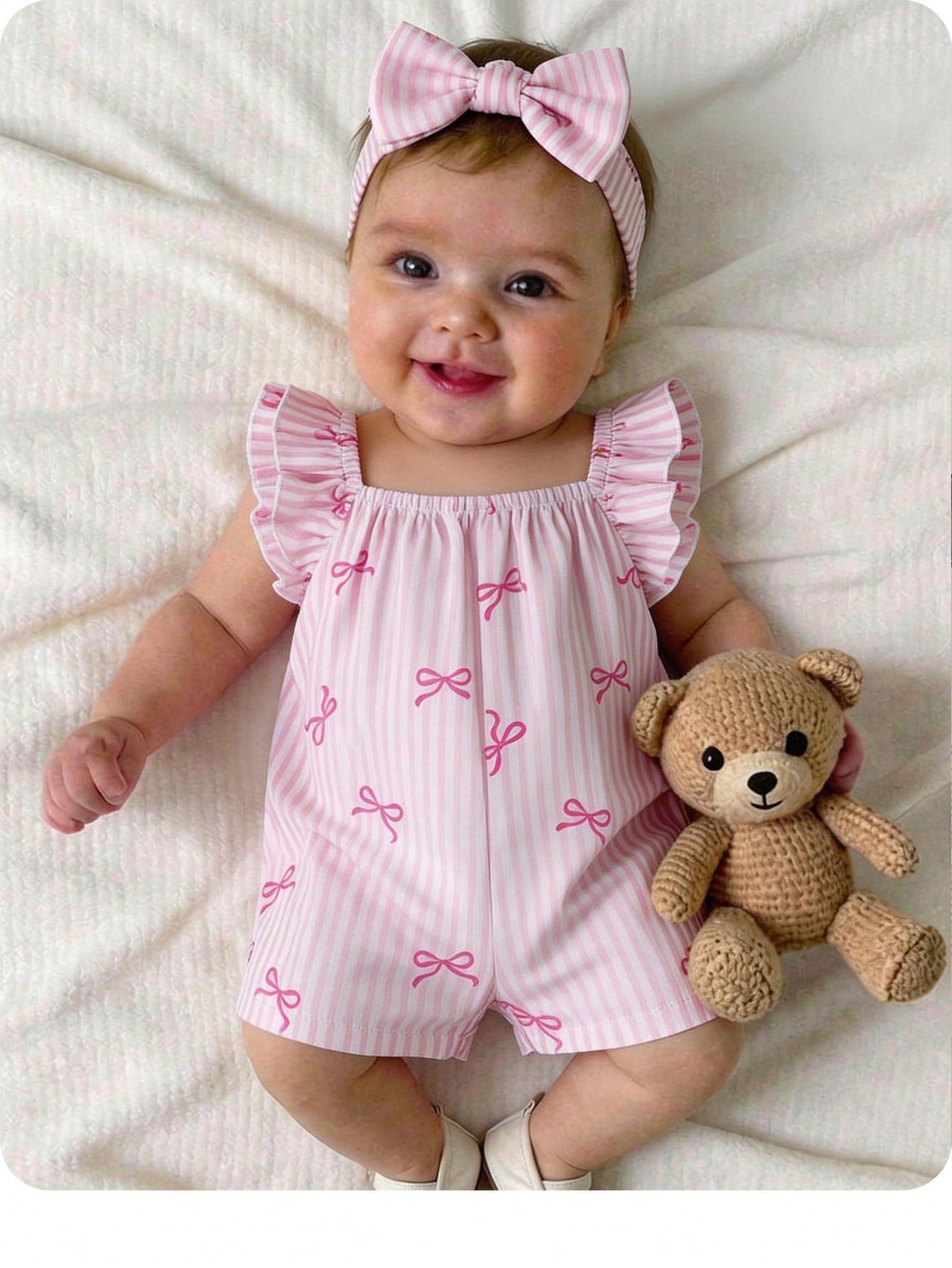 SHEIN Newborn Baby Girl Cute Summer Casual Pink & White Striped Bow Romper