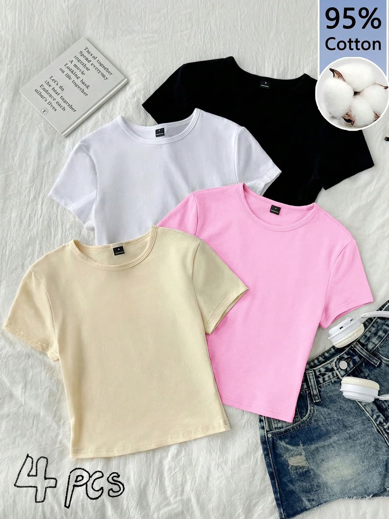Tseoso 4pcs/Set Casual Round Neck Raglan Short Sleeve Fitted Women T-Shirts, Suitable For Summer,Summer Top