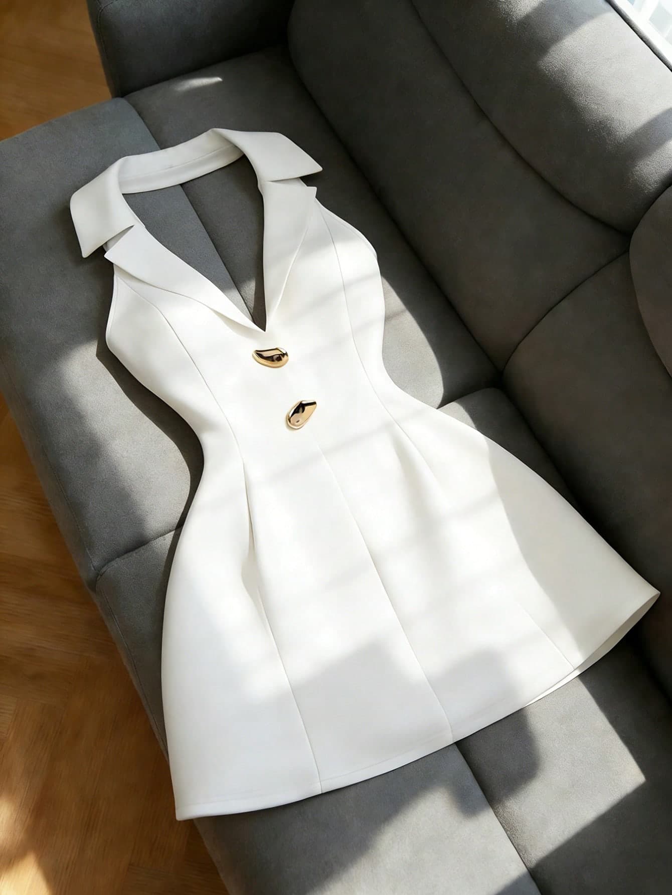 Franclia Women's White Elegant Halter-Neck Blazer Dress, Metallic Buckle V-Neck Tuxedo Suit Dress For Summer,Tropical,Cocktail Yacht & Office Outfits