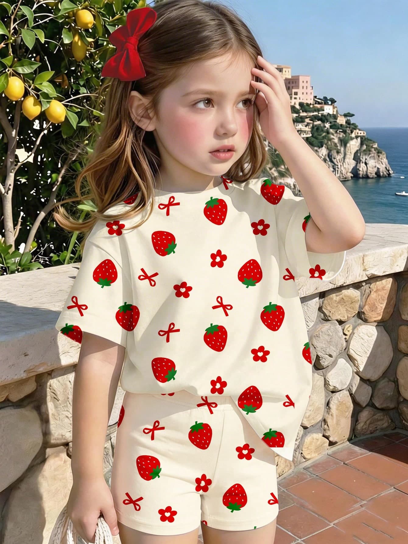 SHEIN 1 Set Baby Girls' Red And White Cute Strawberry Bow Print Summer Vacation Holiday T-Shirt And Shorts Set,Short Sleeve Round Neck Floral Outfits