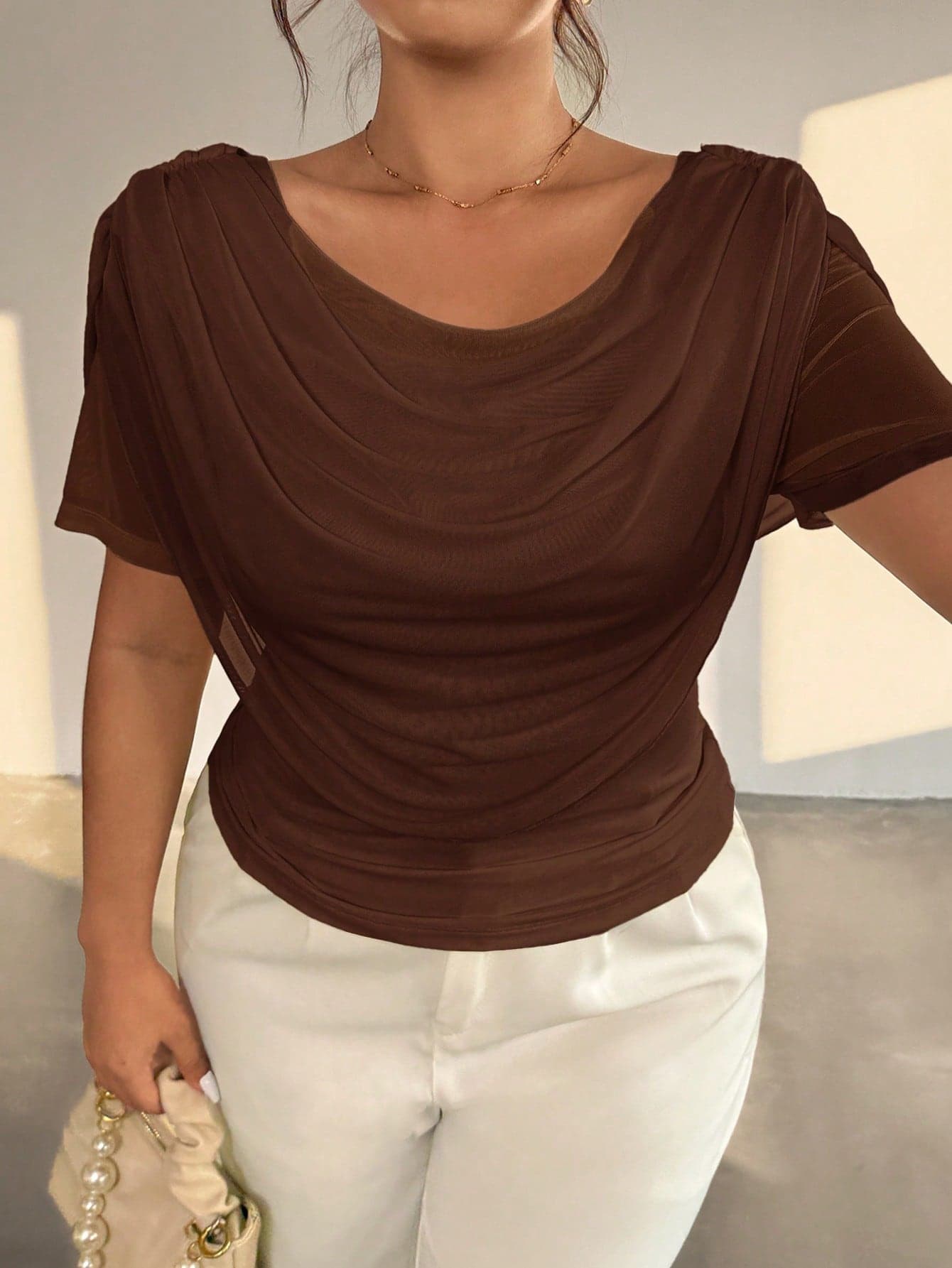 Firerie Plus Size Women Elegant Chocolate Brown Mesh Sheer Fitted Blouse,Autumn Plunging Neck Long Sleeve T-Shirt For Concert,Prom,Wedding,Date