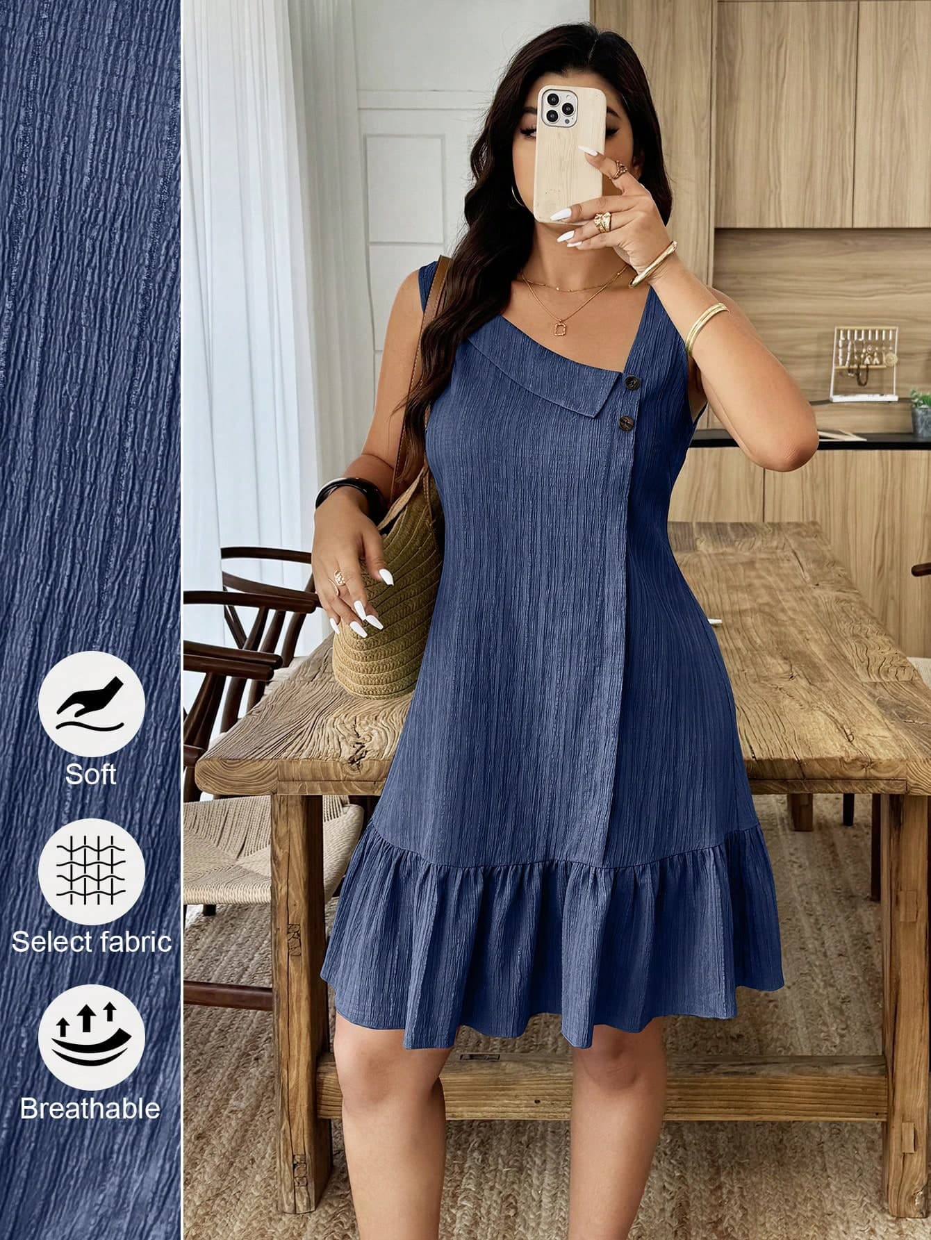 Weeklong Plus Size Women's Asymmetrical Collar Buttoned Textured Fabric Ruffle Hem A-Line Short Sleeveless Dress, Casual Resort Wear For Spring/Summer