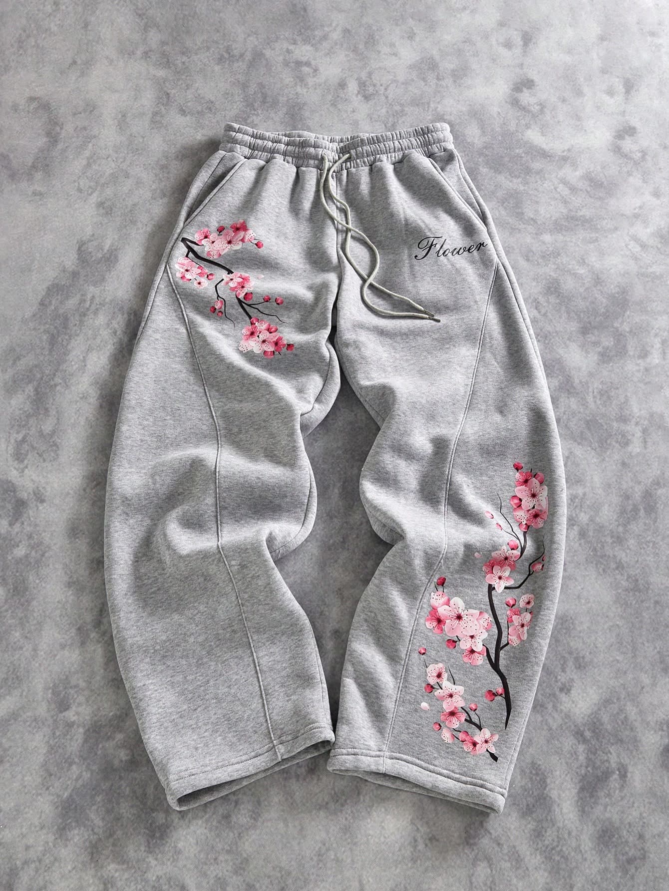 Manfinity ZONE917 Men's Grey Heather Pink Cherry Blossom Flower Letter Print Sweatpants | Spring To Summer Y2K Streetwear Sakura Floral Branch Graphic Joggers | Vintage Japanese Style Botanical Petal Drawstring Elastic Waist Long Pants | Urban Casual Loose Fit Wide Leg Trousers Holiday Vacation Wear | Soft Breathable Comfortable Daily Outdoor Sports Activewear,Men's Casual Everyday Commute Vacation Style Cherry Blossom Letter Print Drawstring Waist Loose Wide Leg Sweatpants Cherry Blossom Sweatpants Grey Sweatpan