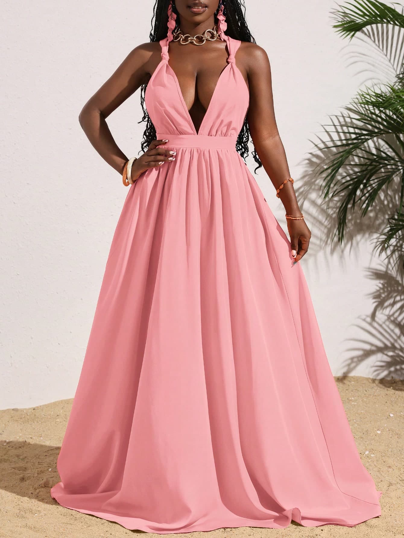 Slaydiva Women's Solid Orange Deep V-Neck Backless Criss-Cross Tie Dress, Summer Vacation Dresses For Ladies Wrap Wedding Guest Wow Dress,Pink