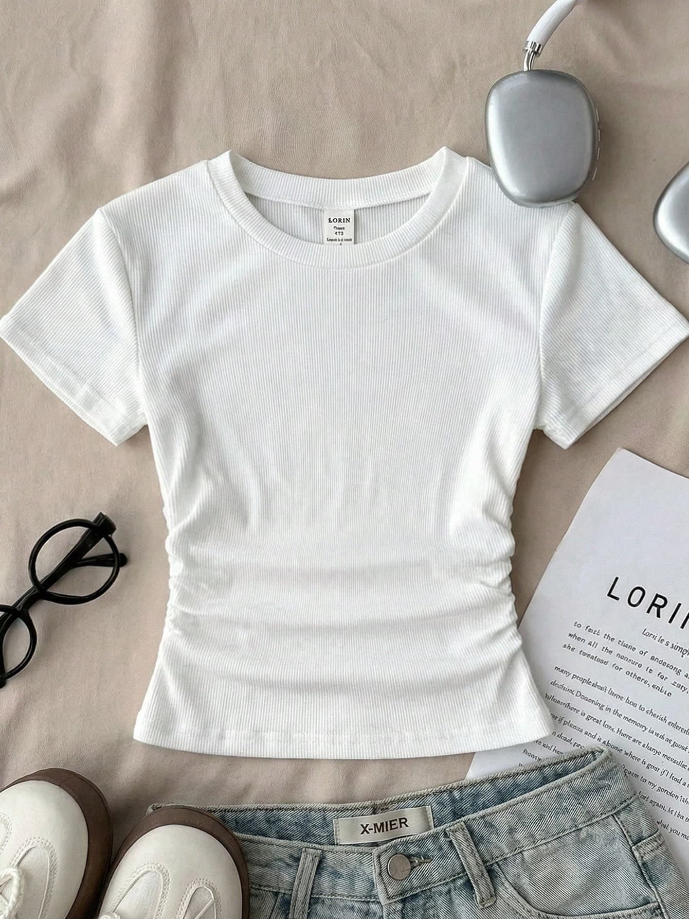 SHEIN Teen Girl White Casual All-Match Versatile Waist Ruched Short Sleeve T-Shirt,Kids