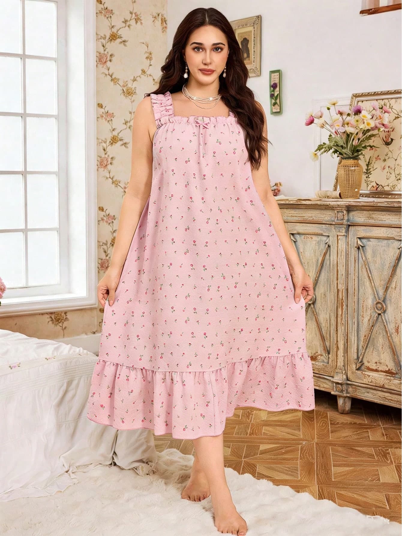 CottageSlumber Plus Size Romantic Ditsy Floral Ruffle Hem Wide Strap Maxi Nightgown