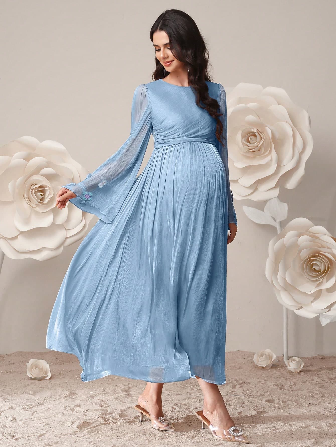 SHEIN Maternity Solid Color Round Neck Ruched Elegant Long Sleeve Dress Fall