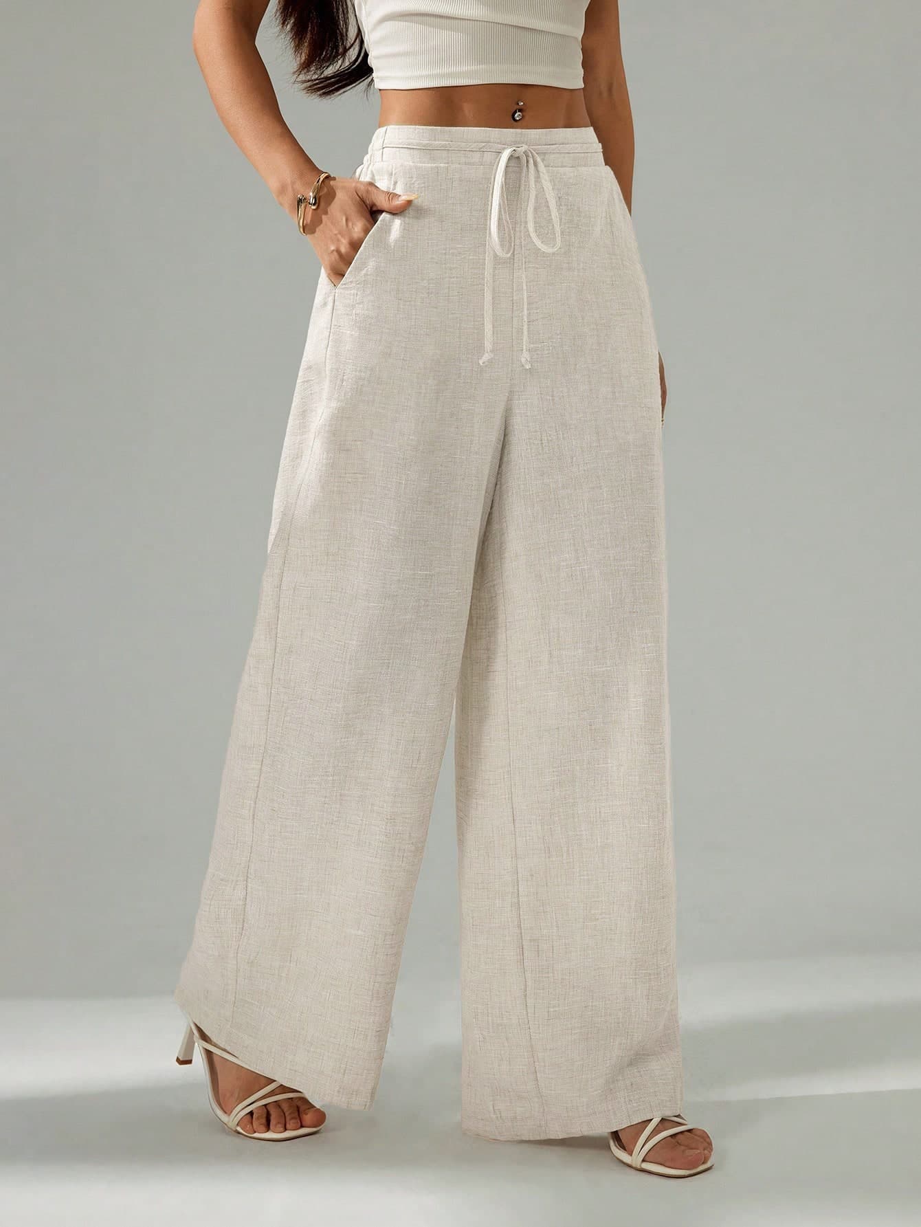 SHEIN PETITE Women's Beige Linen Tie Wide Leg Pants With Pockets,Old Money Style Textured Commuter Trousers,Casual Summer Vacation Holiday Beachwear Baggy Outfits ,Petite Women