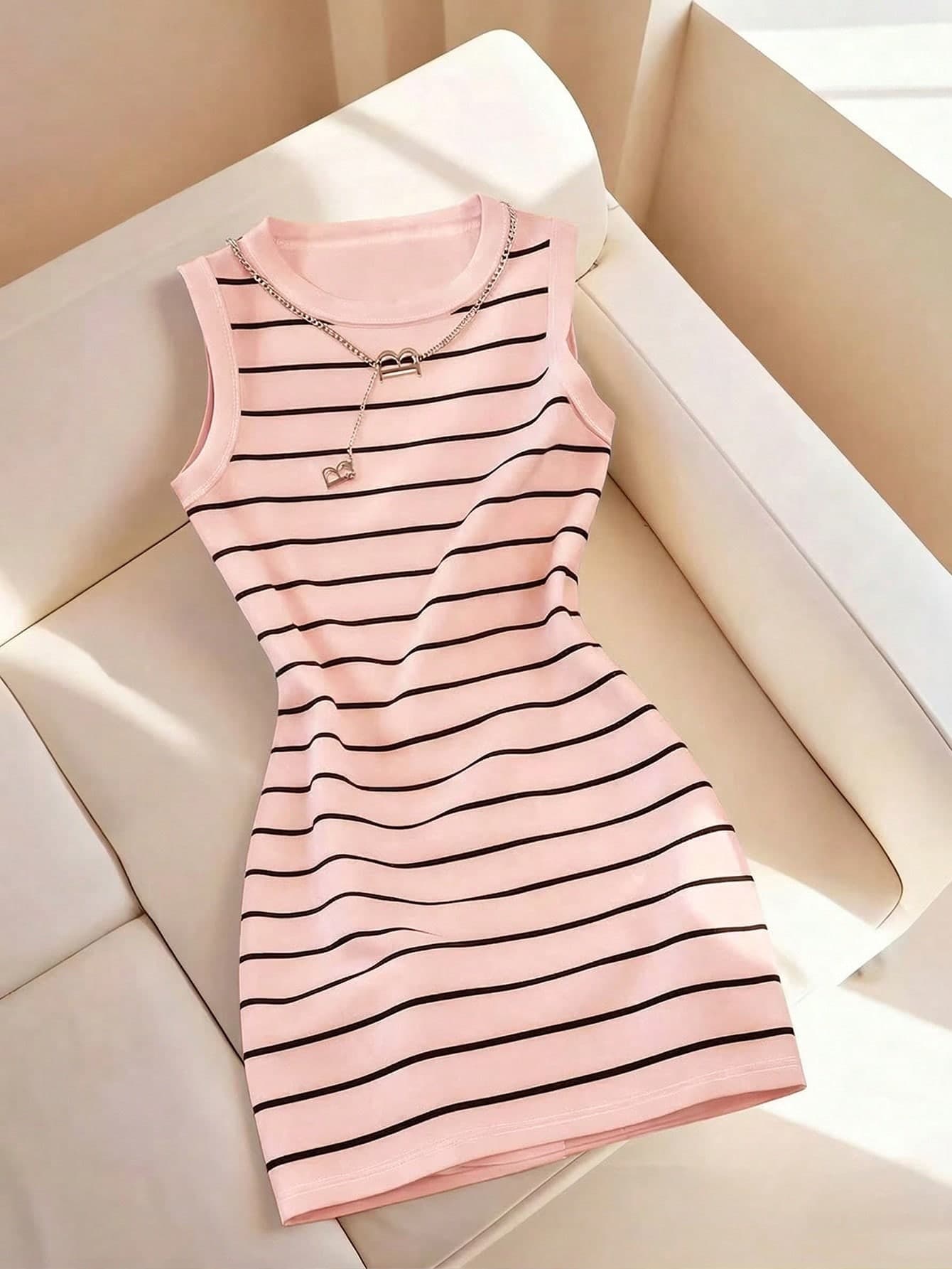 Resyla Women's Spring/Summer New Arrival Striped Print Round Neck Fitted Camisole Dress