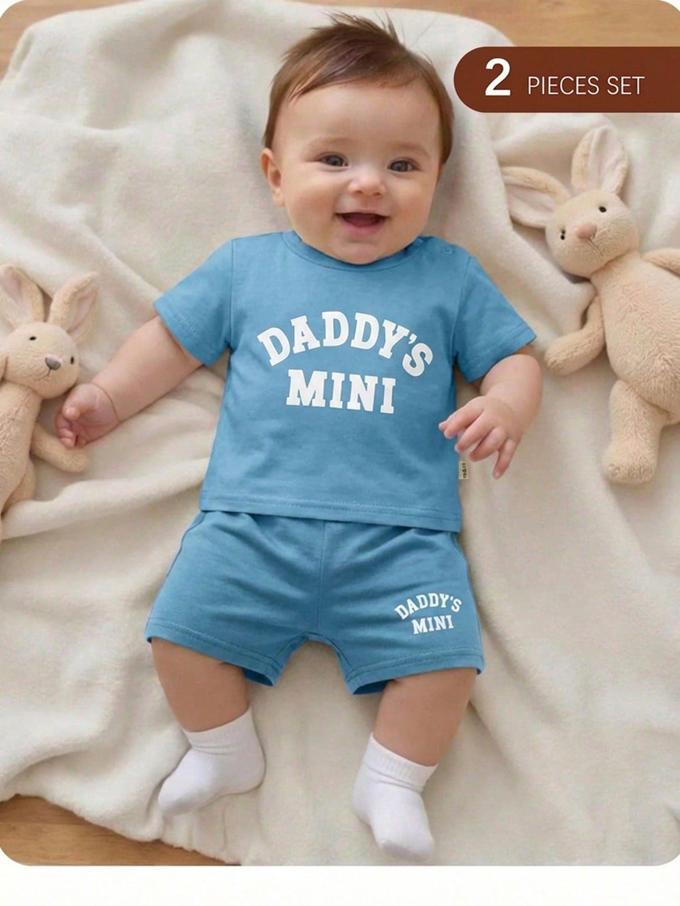 2pcs/Set Newborn Baby Boy Clothes,Daddy's Mini Letter Knit Top And Shorts Outfit,Blue And White Striped,Summer,Casual,Cute,Work Preppy Style Clothes