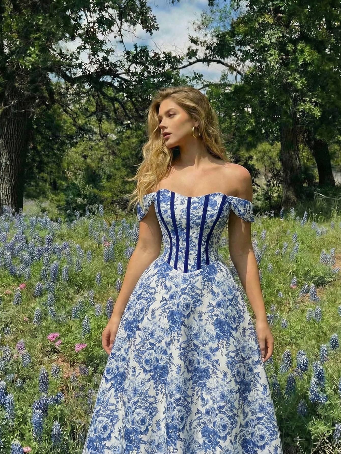 Skyraze Women's White And Blue Floral Off-Shoulder Corset Dress,Summer Casual Picnic Party,French Cottagecore Vintage Garden Tea Party Graduation Prom Gown