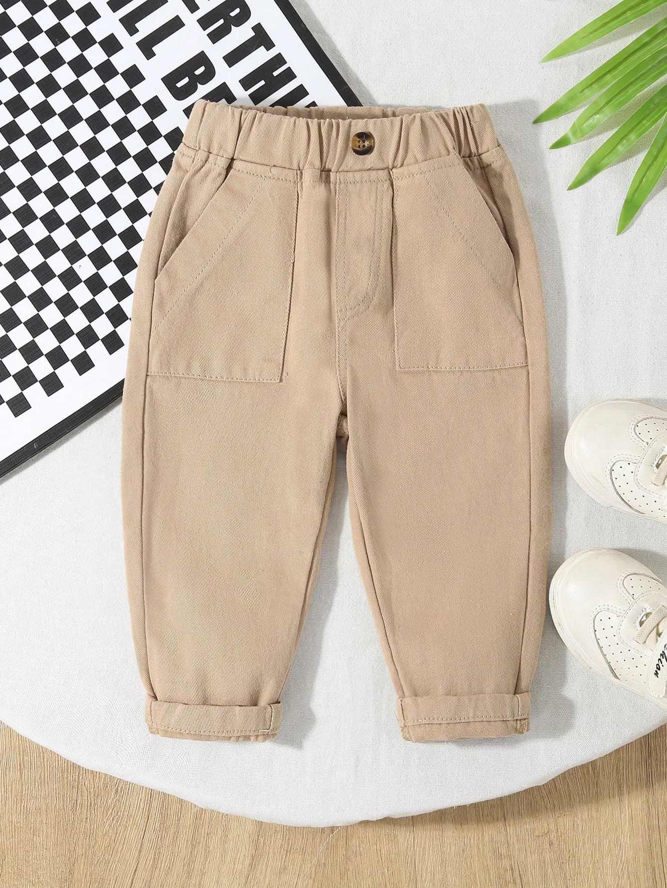 Infant & Toddler Khaki Denim Jeans,Summer Casual School Cute Style,Tapered Leg Pants,Elastic Waist,Patch Pockets,Comfortable Cotton For Boys & Girls