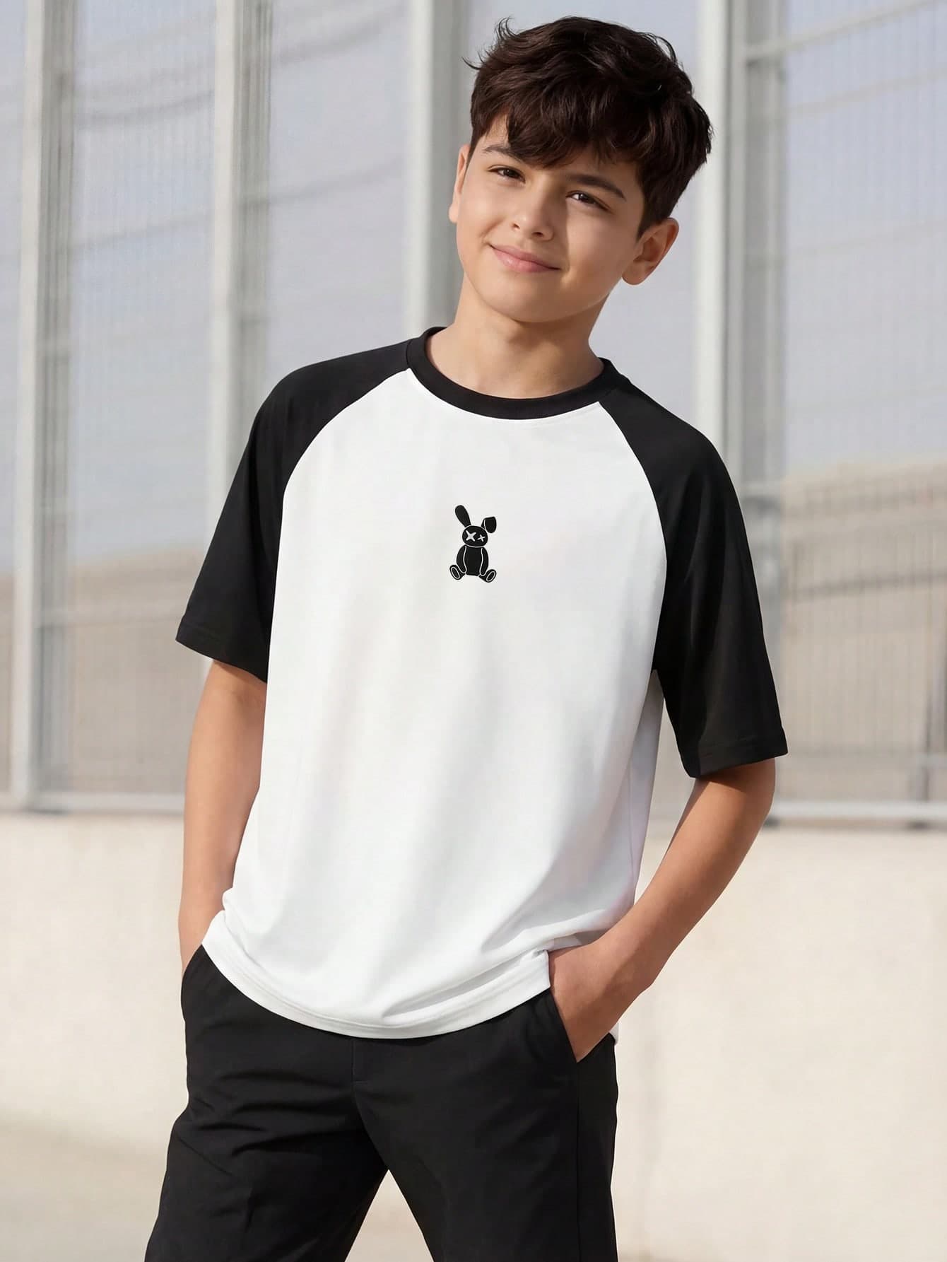 Mirajuku Teenage Boys' T-Shirt, Sleeve Contrast Color Simple Line Cartoon Print Tee Shirt, Suitable For Summer, Commuting, Daily Wear, School