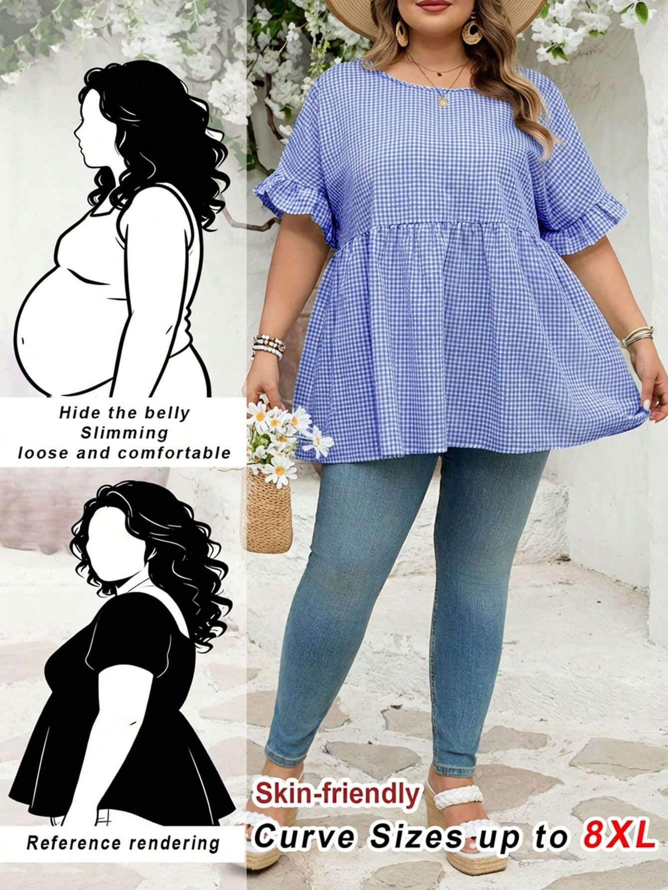 SHEIN CURVE+ CURVE PLUS /Valentine's Day/Plus Size Women's Checkered Printed Shirt, Suitable For Bohemian Vacations In Spring And Summer, Casual Doll Style Shirt
