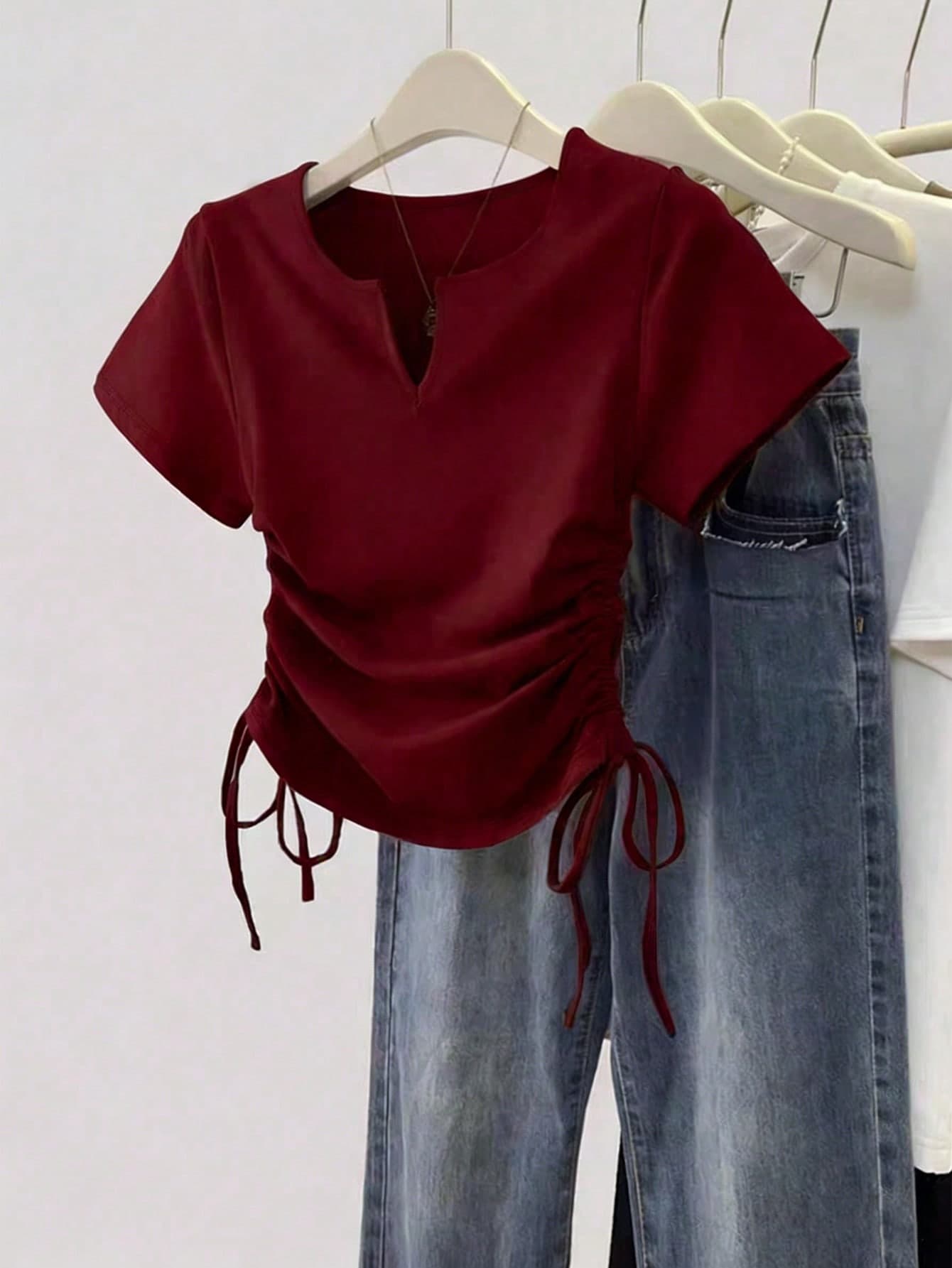 SHEIN Women's Casual Solid Color Side Drawstring T-Shirt, Summer