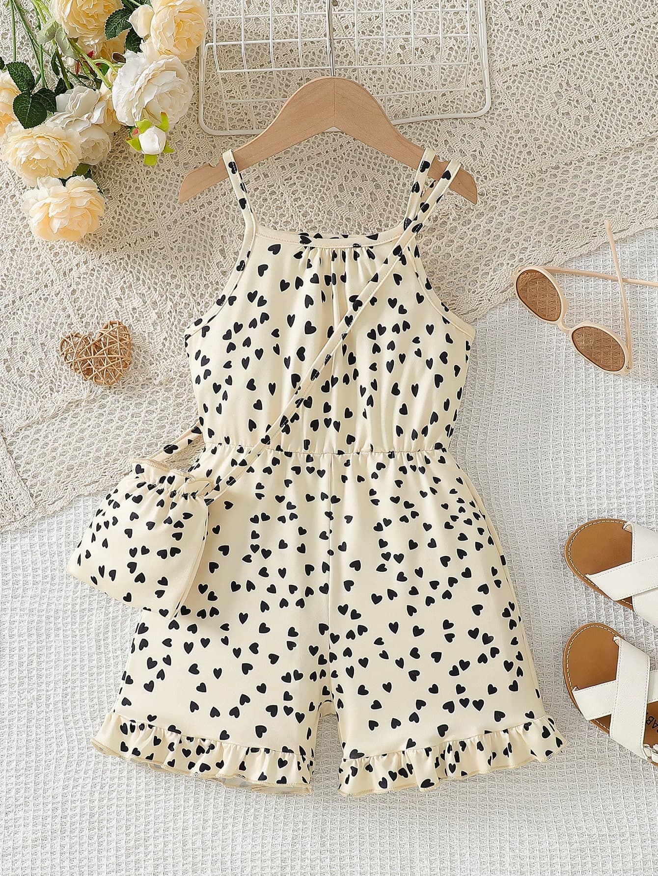 SHEIN Elladie kids Toddler Young Girl New Black Heart Print Elastic Waist Romper With Bag,Summer Matching Kids Beach Outfit,Family Vacation Outfits For Girls