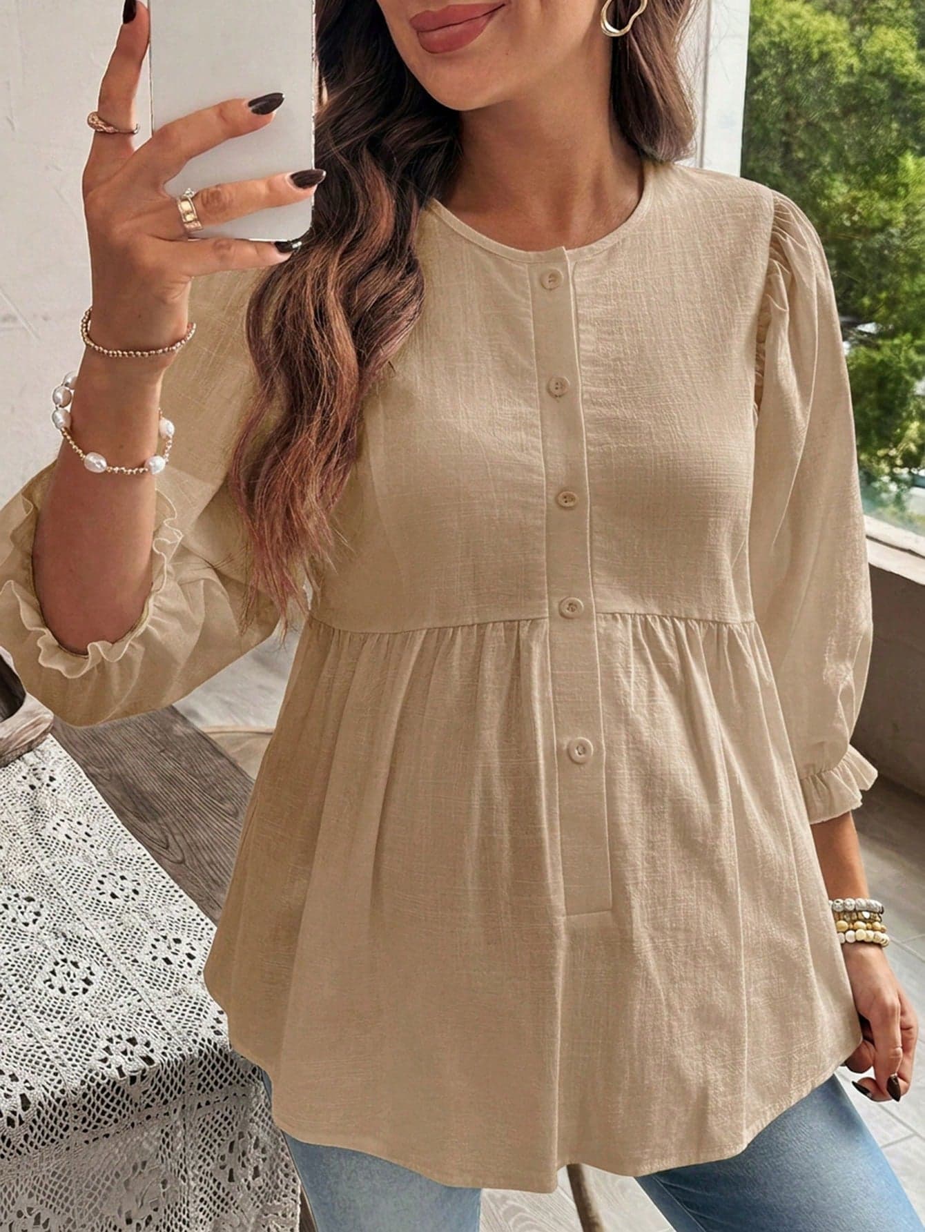 SHEIN Maternity Solid Color Round Neck 3/4 Sleeve Single-Breasted Casual Shirt Autumn Maternity Photoshoot Gender Reveal Fall