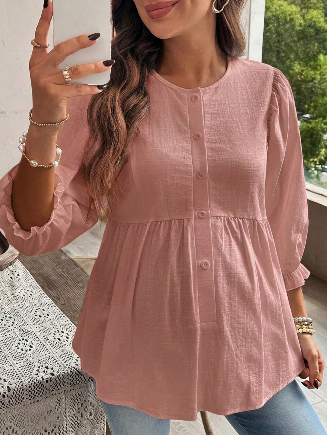 SHEIN Maternity Casual Solid Color Minimalist Blouse Spring Baby Shower Maternity Pink Fall