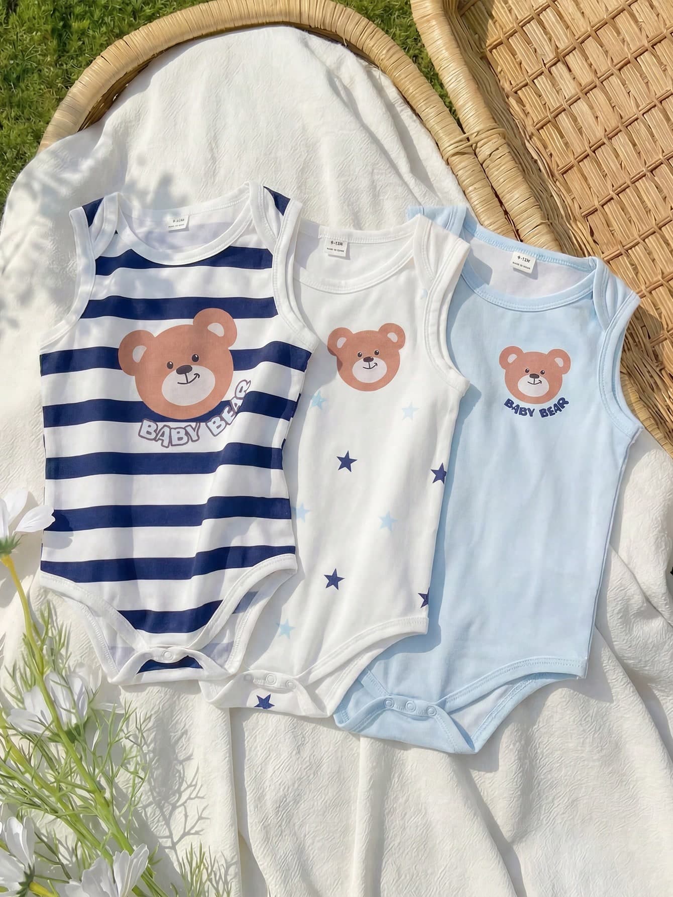 Souflis Souflis 3pcs/Set Baby Boys' Summer Navy Blue Cute Bear Print Romper Rompers For Baby Boy