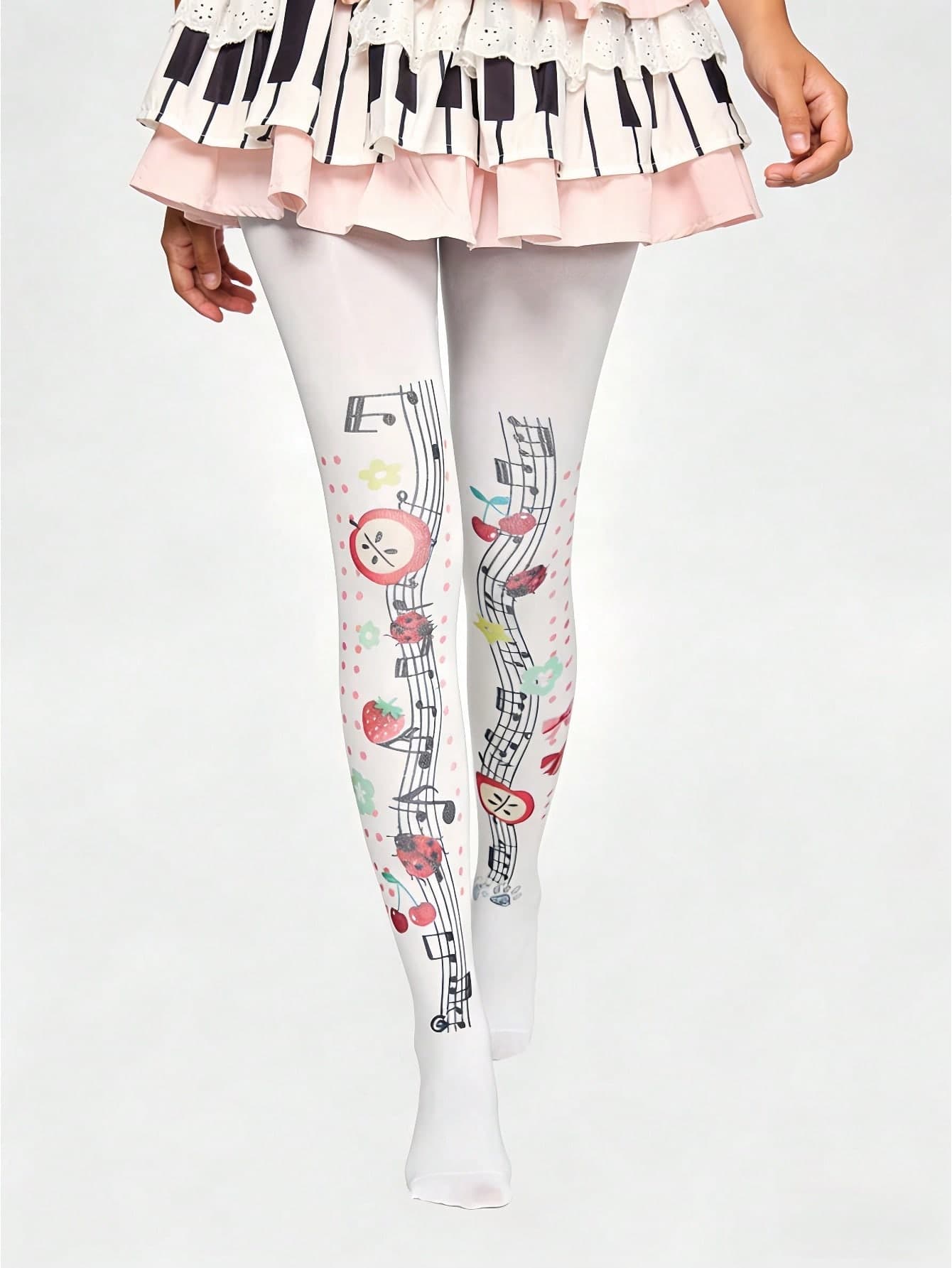 ROMWE Anime 1Pair White Y2K Punk Style Millennial Rock Music Note Cute Apple Cherry Bow Insect Polka Dot Print Lolita Stylish Simple Women's Onesie, Suitable For College, Shopping, Commuting, Etc