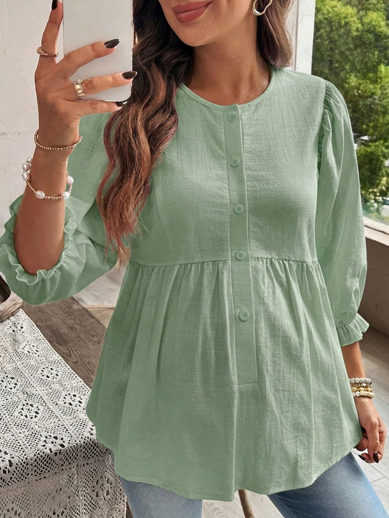 SHEIN Maternity Solid Color Round Neck 3/4 Sleeve Single-Breasted Casual Shirt Spring Maternity Photoshoot Sage Green Fall