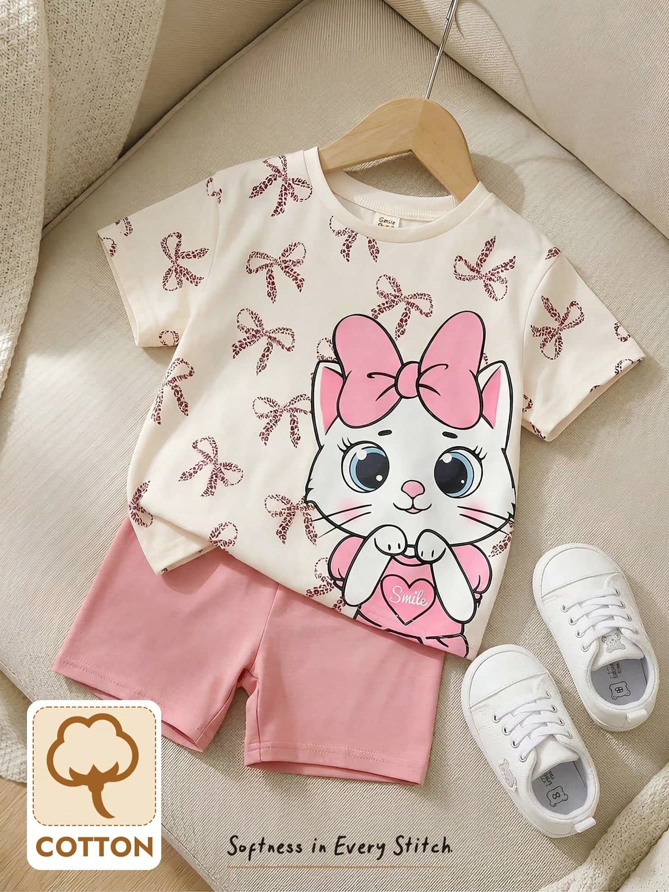 Cozy Pixies 2pcs Baby Girl Bow Knit Soft Round Neck Short Sleeve Top And Elastic Waist Shorts Set, Baby Girl