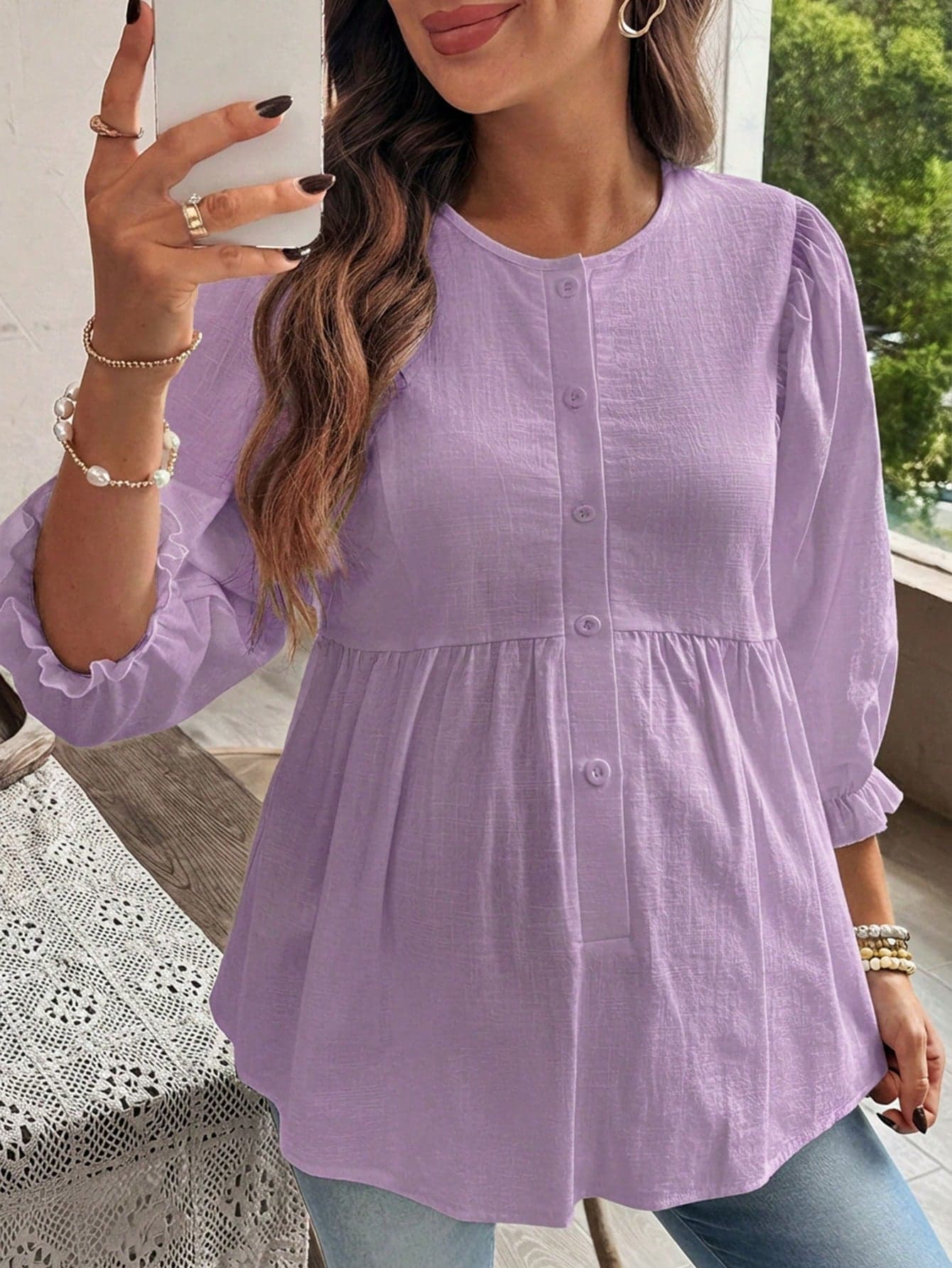 SHEIN Maternity Casual Solid Color Minimalist Round Neck Blouse Spring Maternity Photoshoot Fall