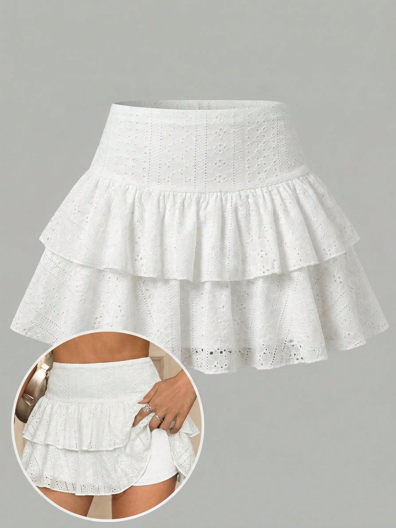 SHEIN Girlism Teen Girls White Summer Cute Beach Confirmation Holiday Skirt,Casual Knit Hollow Textured Ruched A-Line Double Ruffle Hem Skater Skirt With Shorts