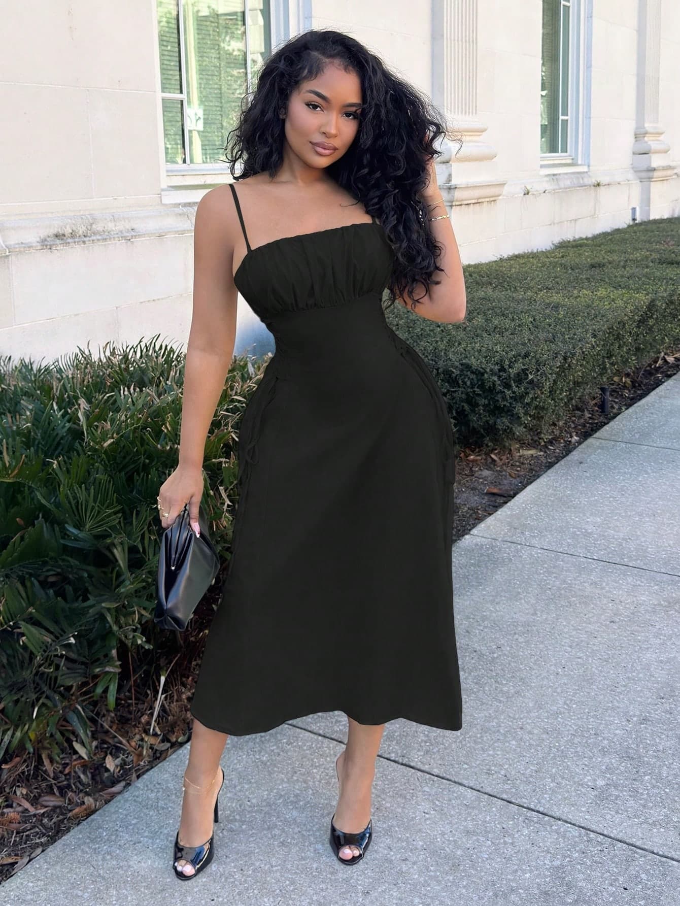 Alexandranx Solid Ruched Bust Knot Side Cami Dress
