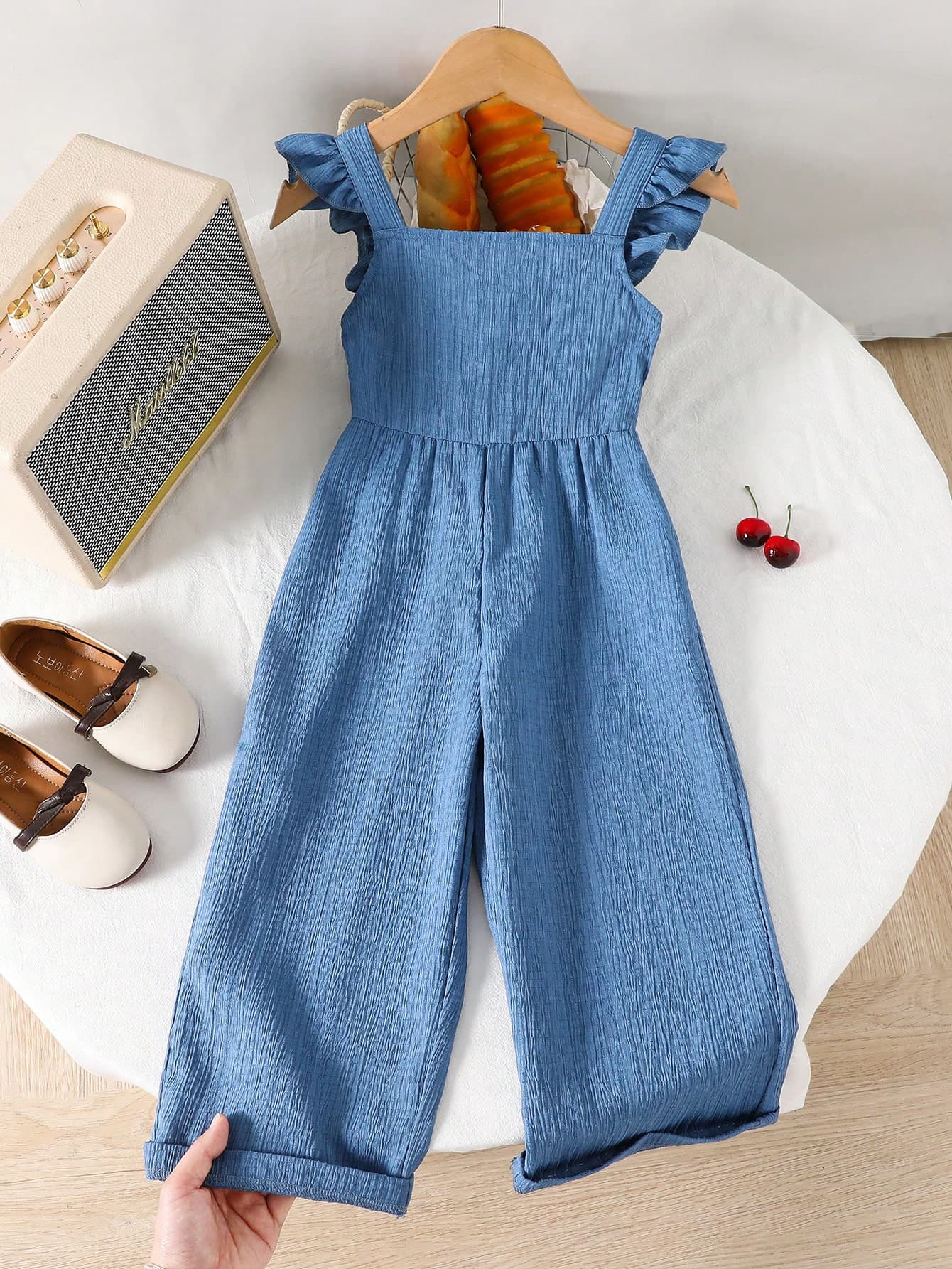 Genkimix Kids 1pc Vintage Casual Slim-Fit Unique Cherry Print Jumpsuit For Girls, Dark Blue, Summer, Matching, Family Vacation, Outdoor School Cute Young Girl Outfits
