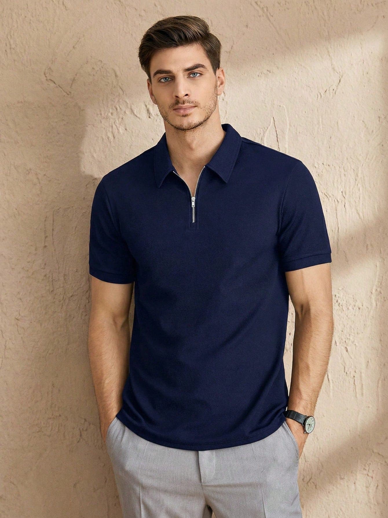 HIMLAND Men Solid Quarter Zip Polo Shirt, For Golf, Vacation, Father's Day Gifts, Football